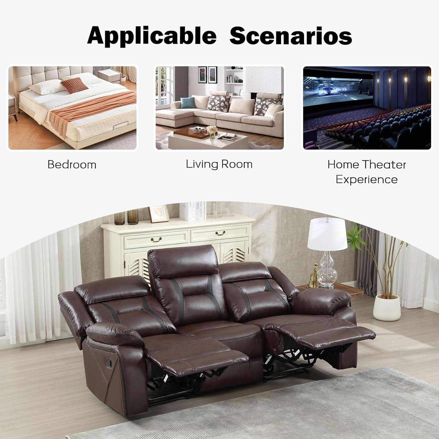 Three Seat Manual Reclining Sofa Dark Brown Faux Leather