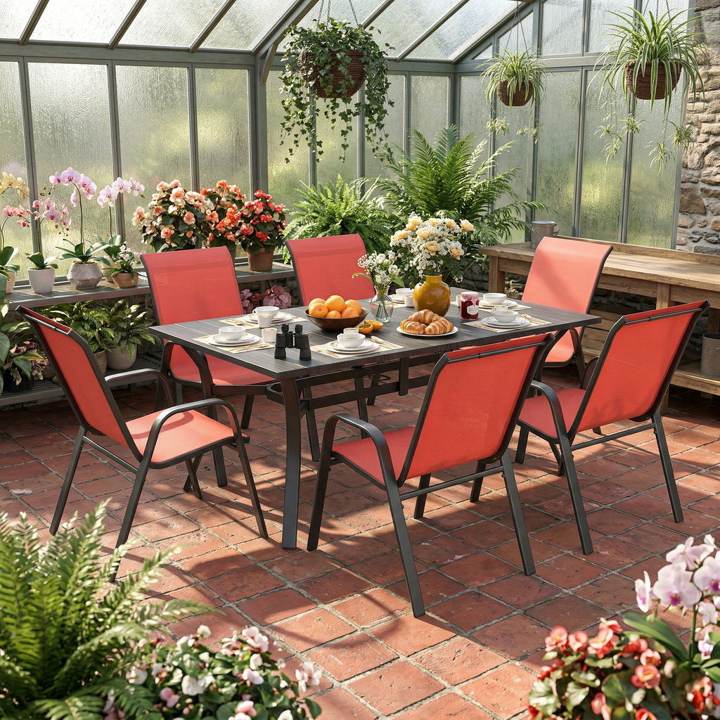7-Piece Outdoor Patio Dining Set, 63' x 38' Rectangular Wood-Grain Metal Table