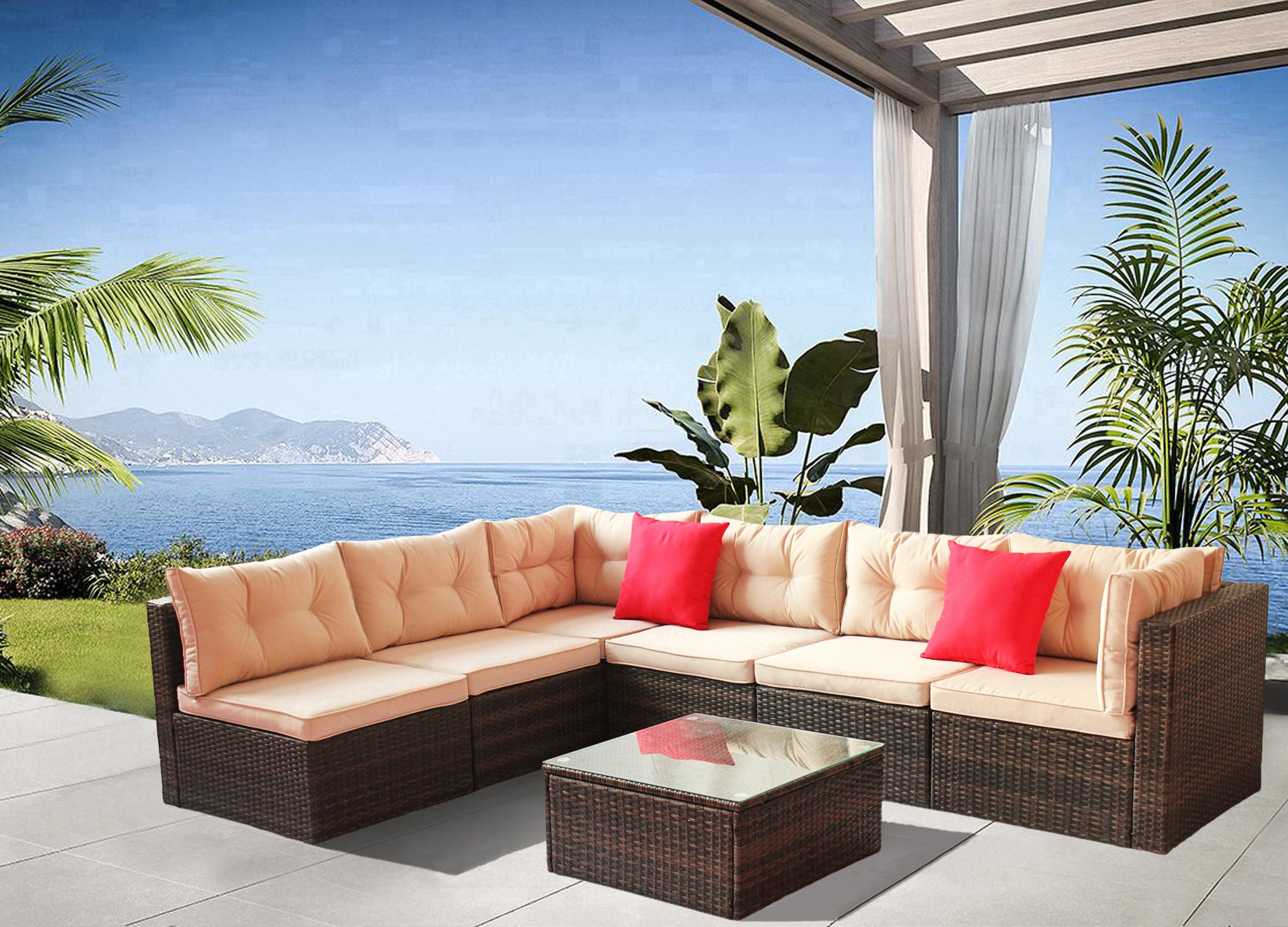 Outdoor Sectional Set PE Rattan 7 Piece Seats 6
