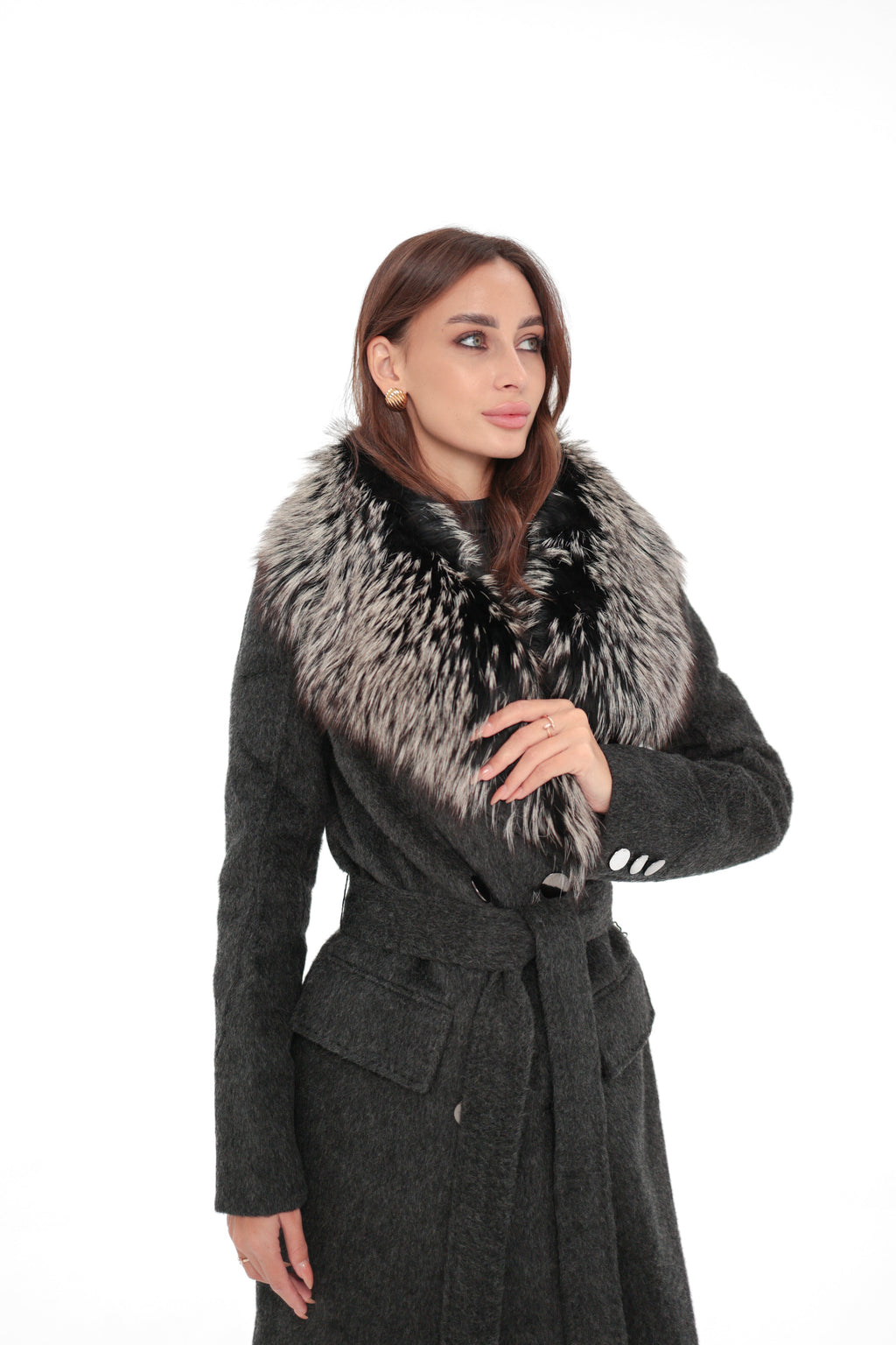 Genuine Silver Fox Cashmere Blend Coat