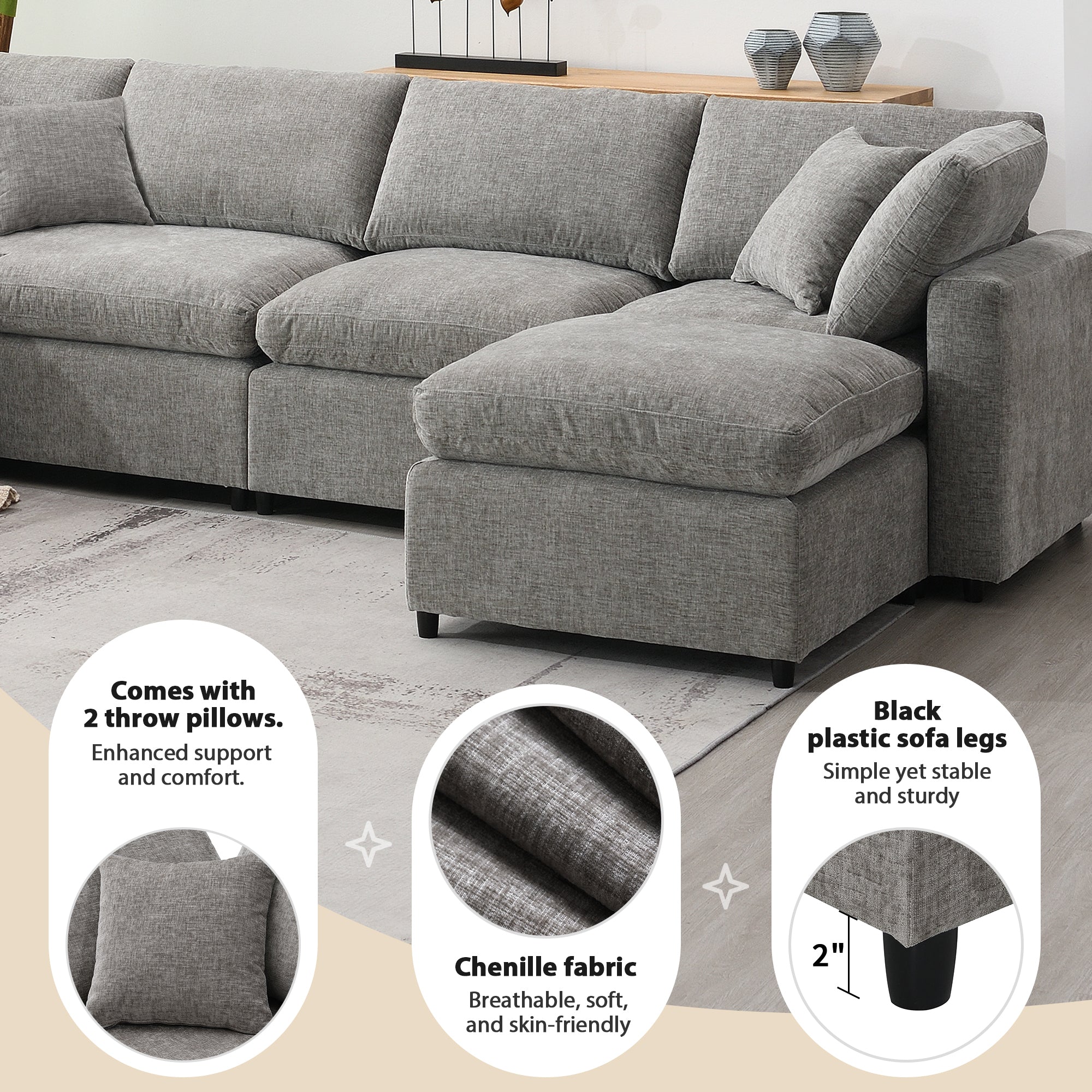 6-Seat U-Shape Modular Sofa with Ottoman, 130