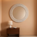 Handcrafted Pearlescent White Capiz Seashell Sunray Wall Mirror 24 Inch Diameter