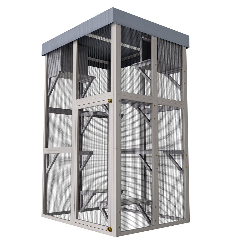 70.5＂ Tall Wooden Catio Outdoor Cat Enclosure, Gray Cat House Large Solid Wood Cage Playpen with 6 Jumping Platforms & 2 Napping Houses, Movable tarp cover
