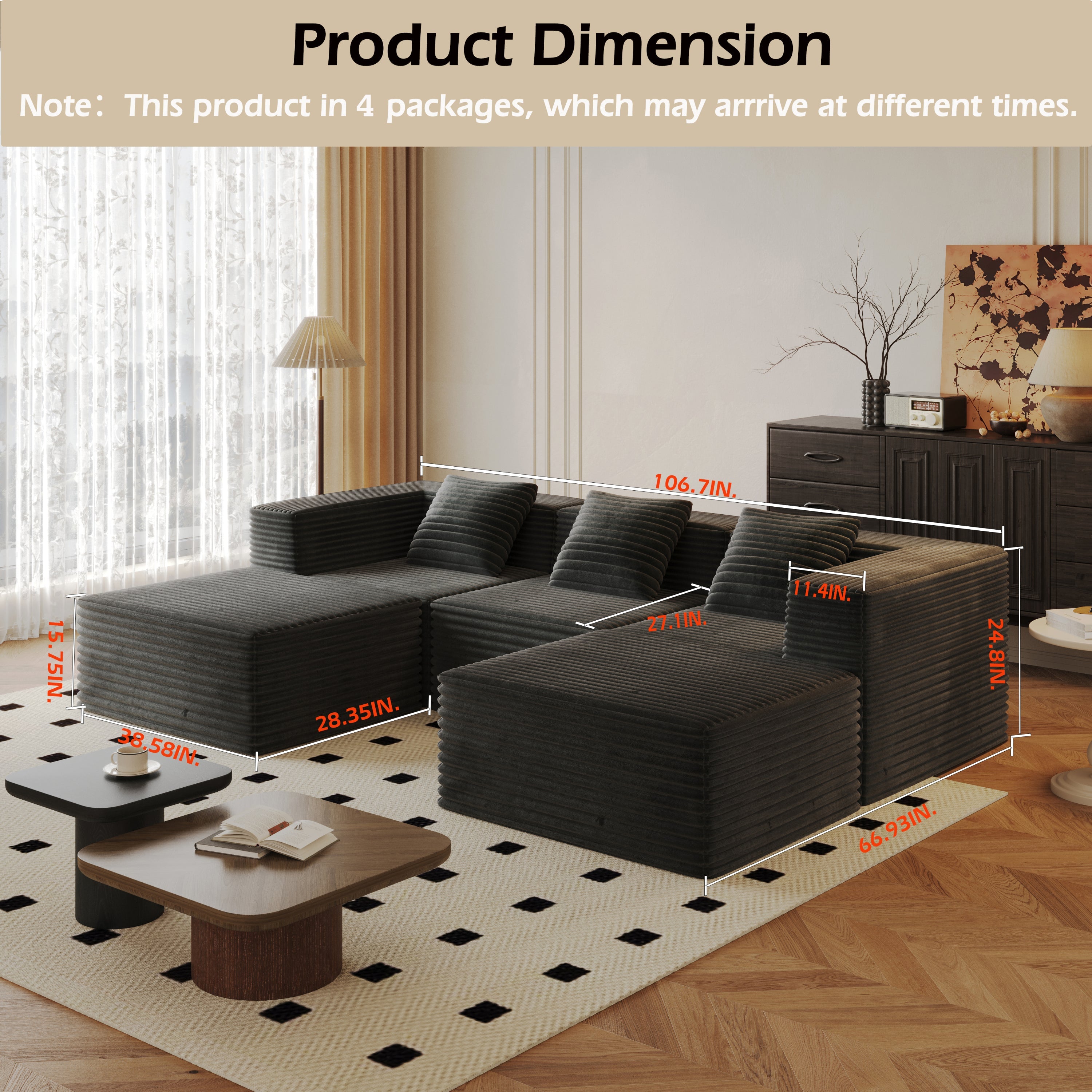 Sectional Sofa Modular Corduroy Gray 3 Seat 2 Ottomans 107 In No Assembly