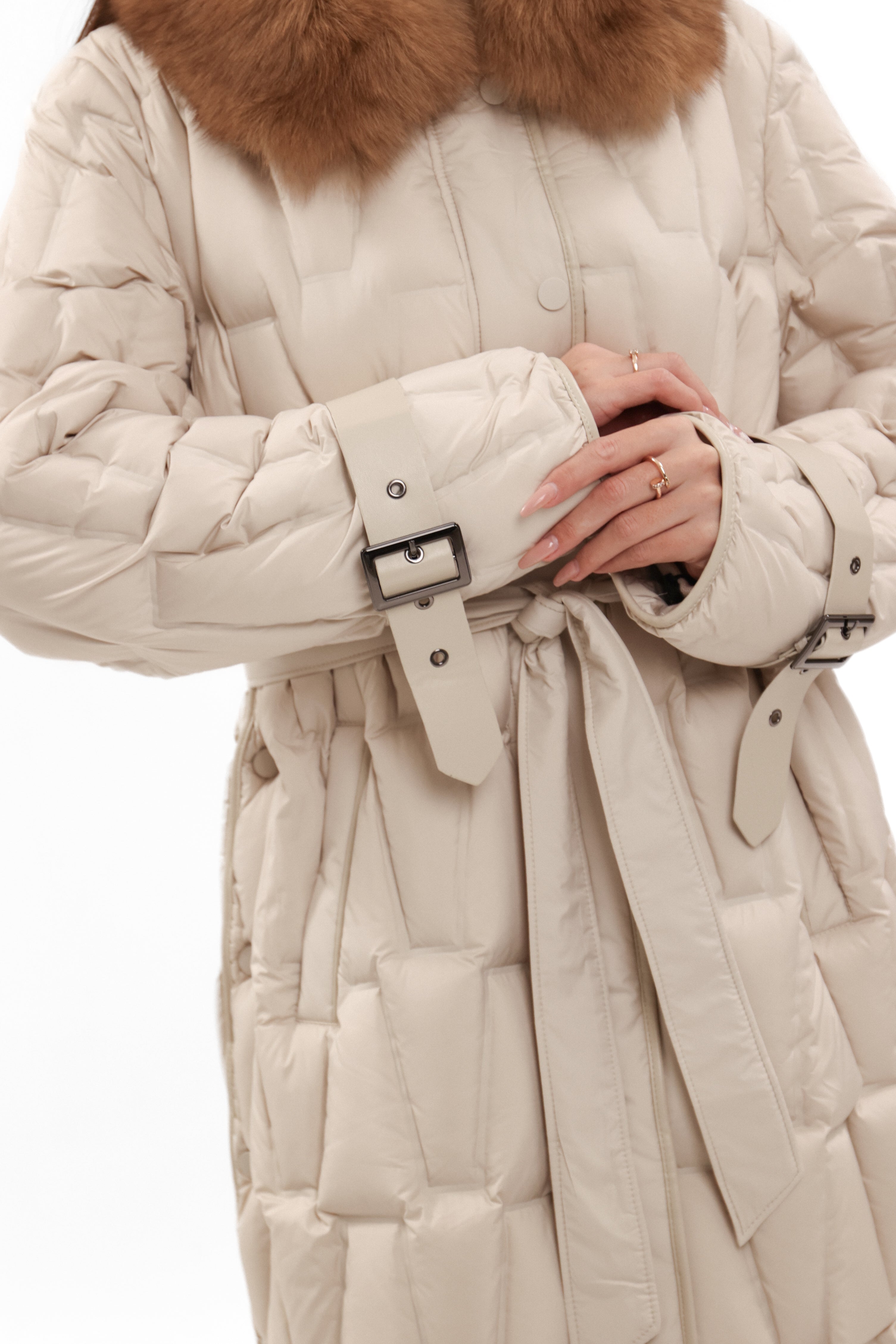 Riley Genuine Fur Trim Down Fill Coat in Ivory