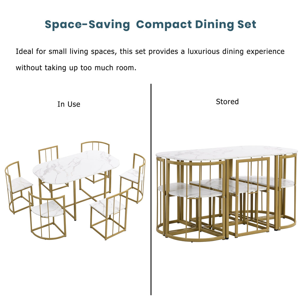 Modern 7-Piece Dining Table Set with Faux Marble Compact 55 In Kitchen Table Set for 6