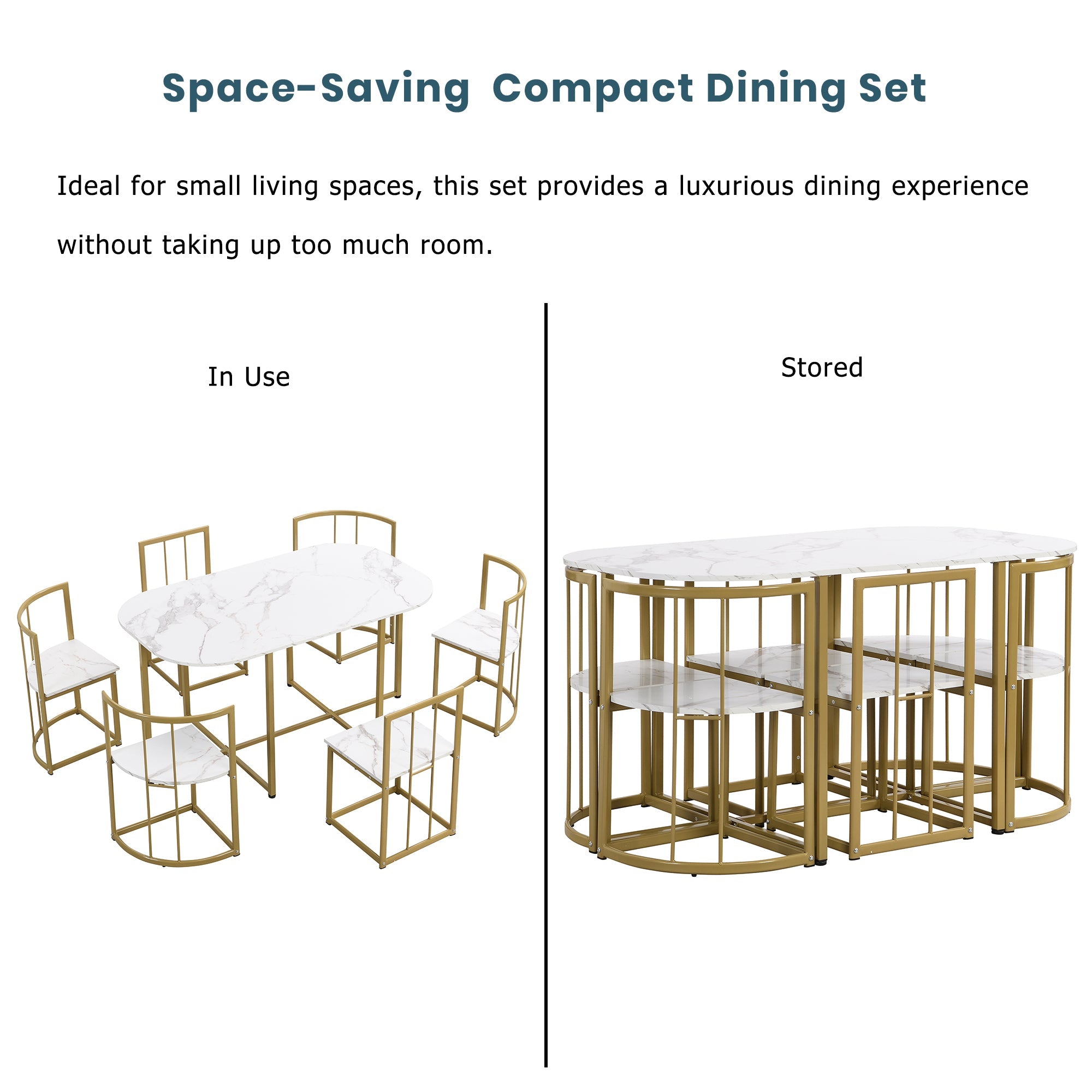 Modern 7-Piece Dining Table Set with Faux Marble Compact 55 In Kitchen Table Set for 6