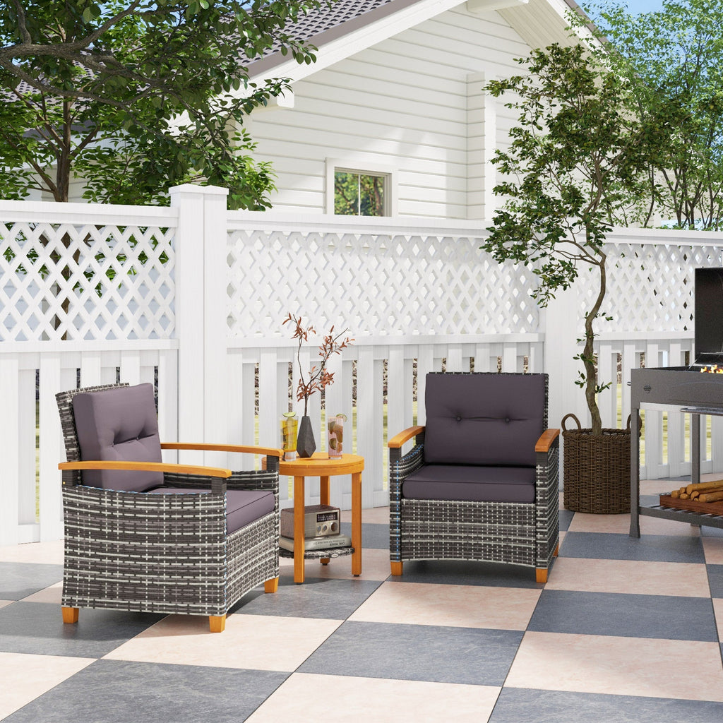 Outdoor Bistro Set PE Rattan Wood Frame Gray 3 Piece
