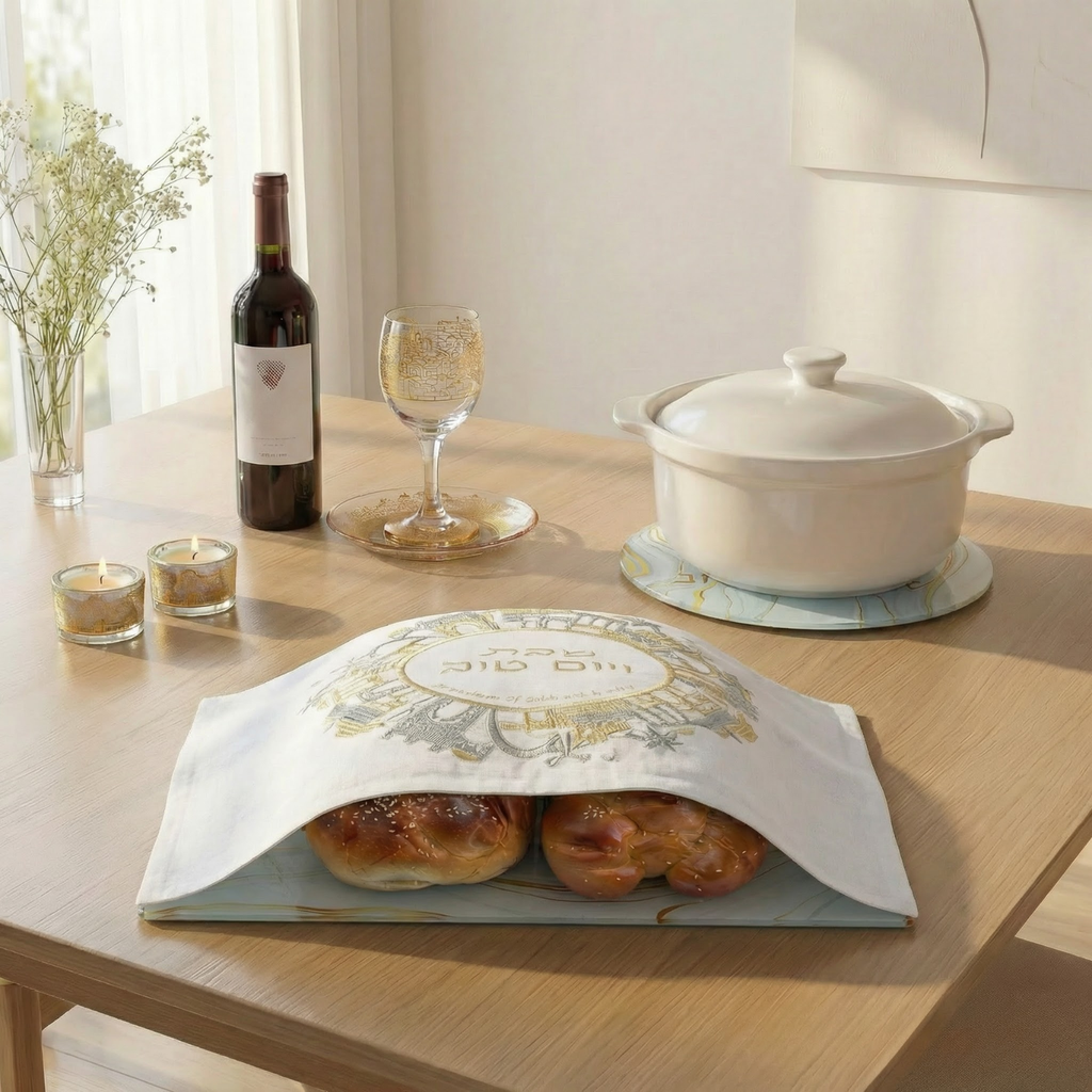Luxurious Shabbat Table Set in Gold & White Tones - Golden Harmony Series