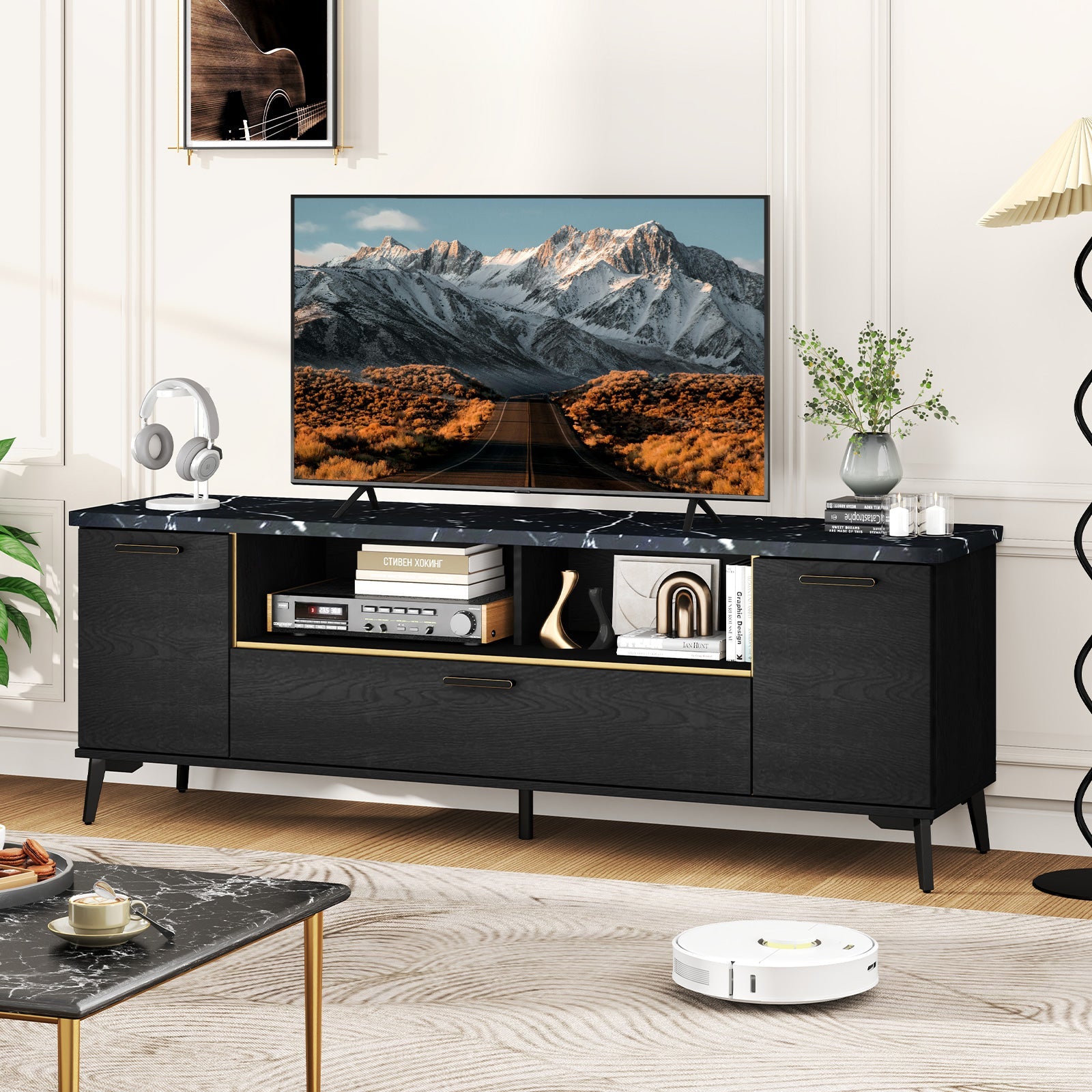 63 Inch TV Stand with Flip Door Cabinet for TVs up to 75 Inch-Black