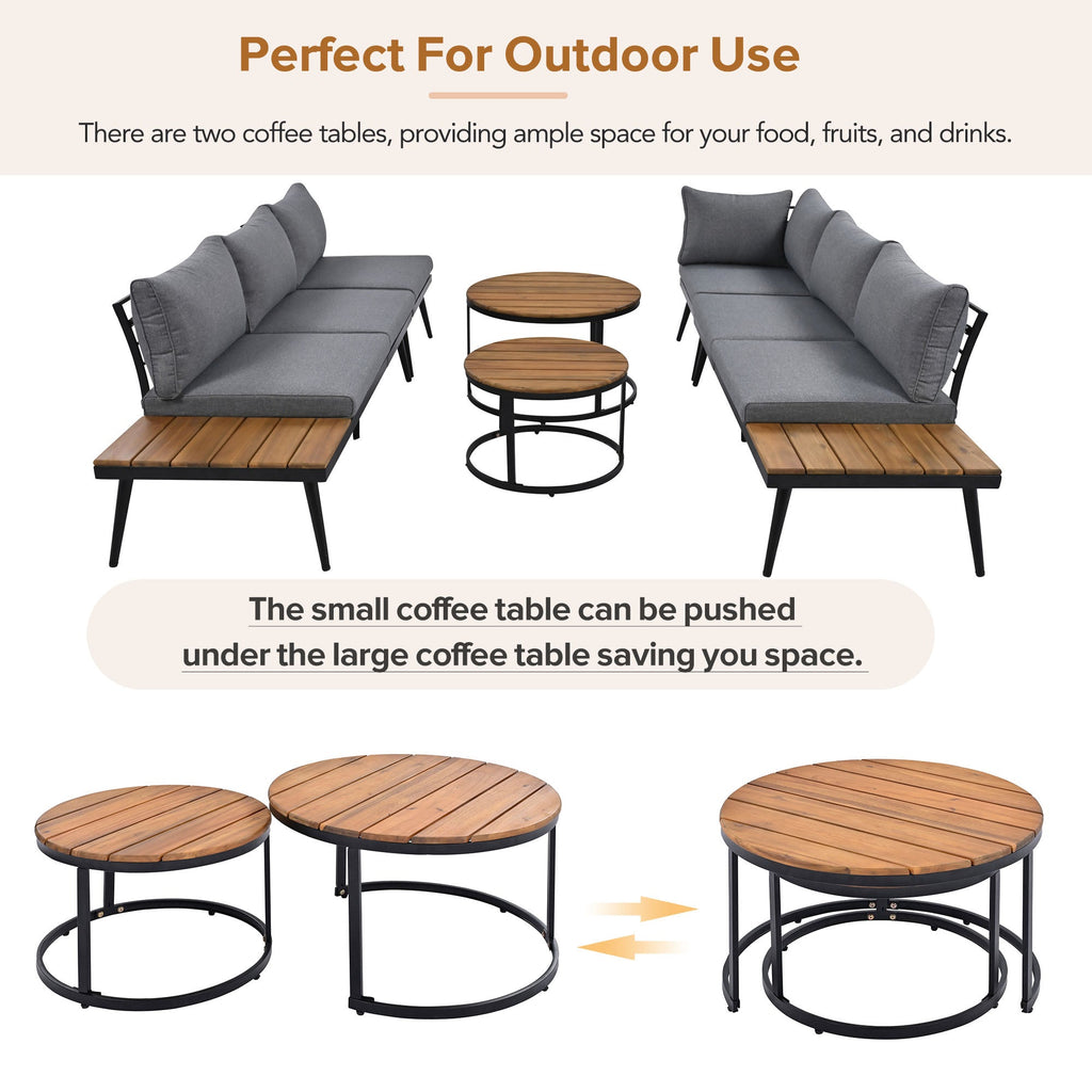 Outdoor Sectional Set Acacia Wood Steel Gray with Nesting Tables