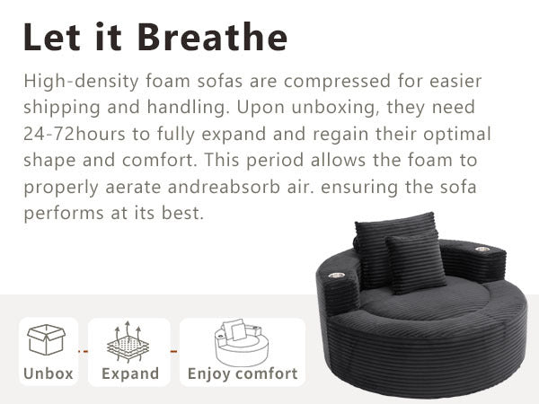 55" Round Memory Foam Velvet Sofa Bed with Cup Holder