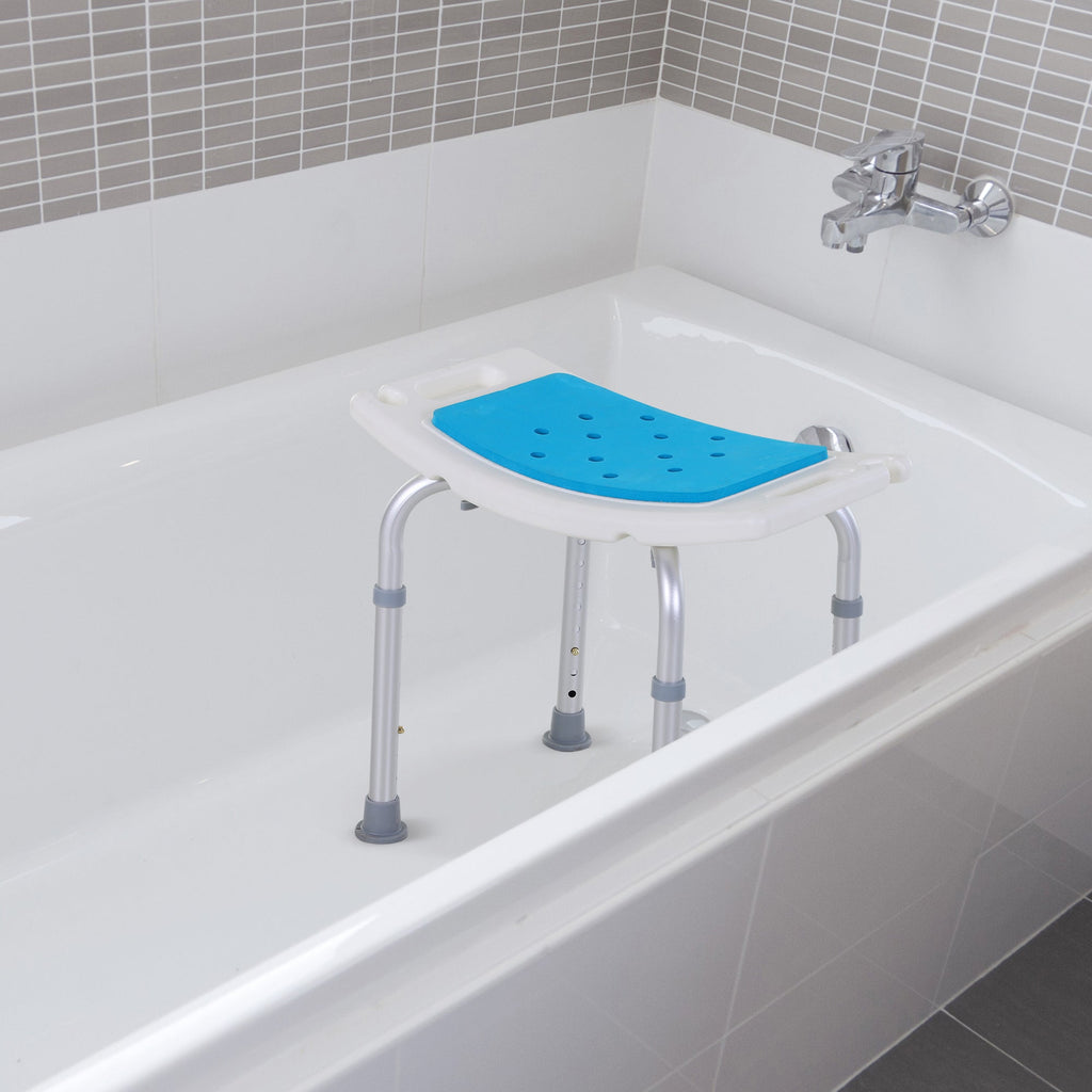 Shower Stool Curved Seat Aluminum Blue 6-Level Adjustable Non-Slip 300 LB