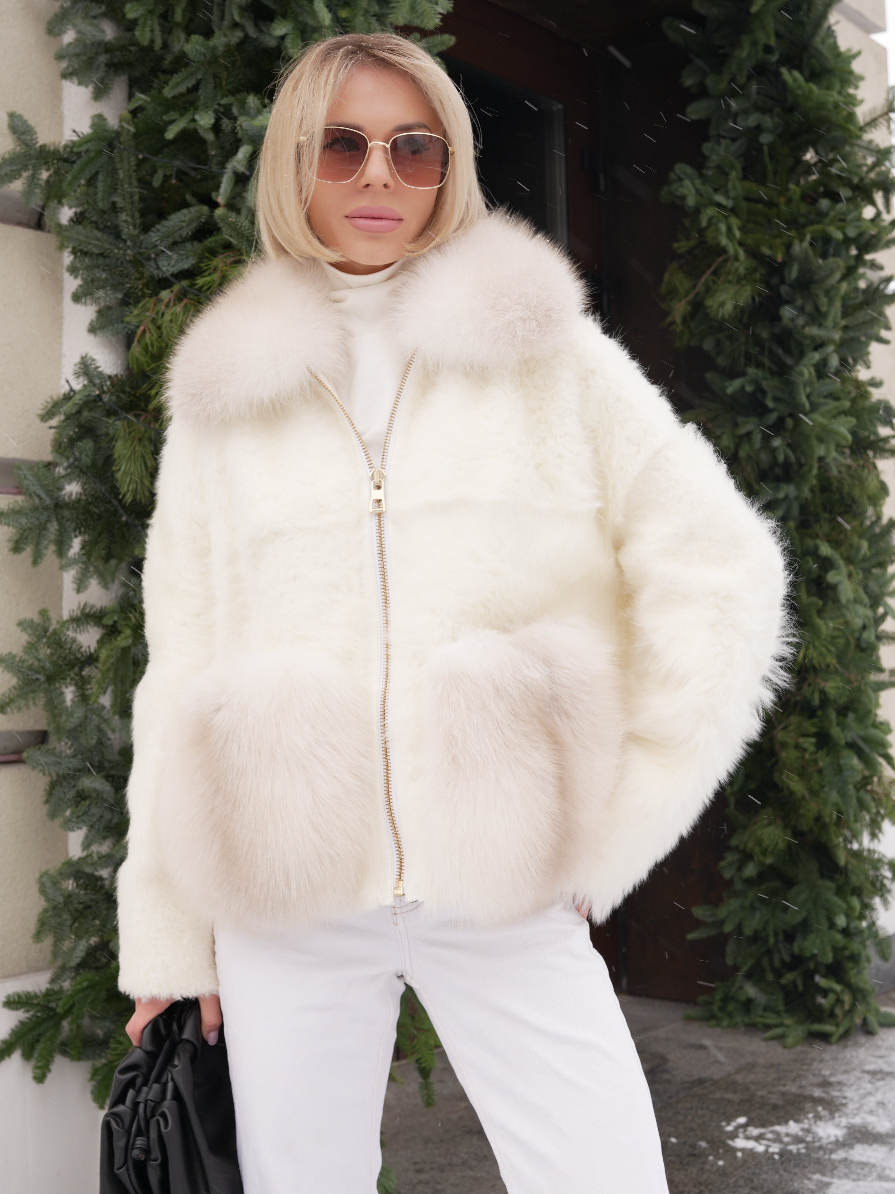 Elysian Genuine Polar Fox Trim Shearling Jacket