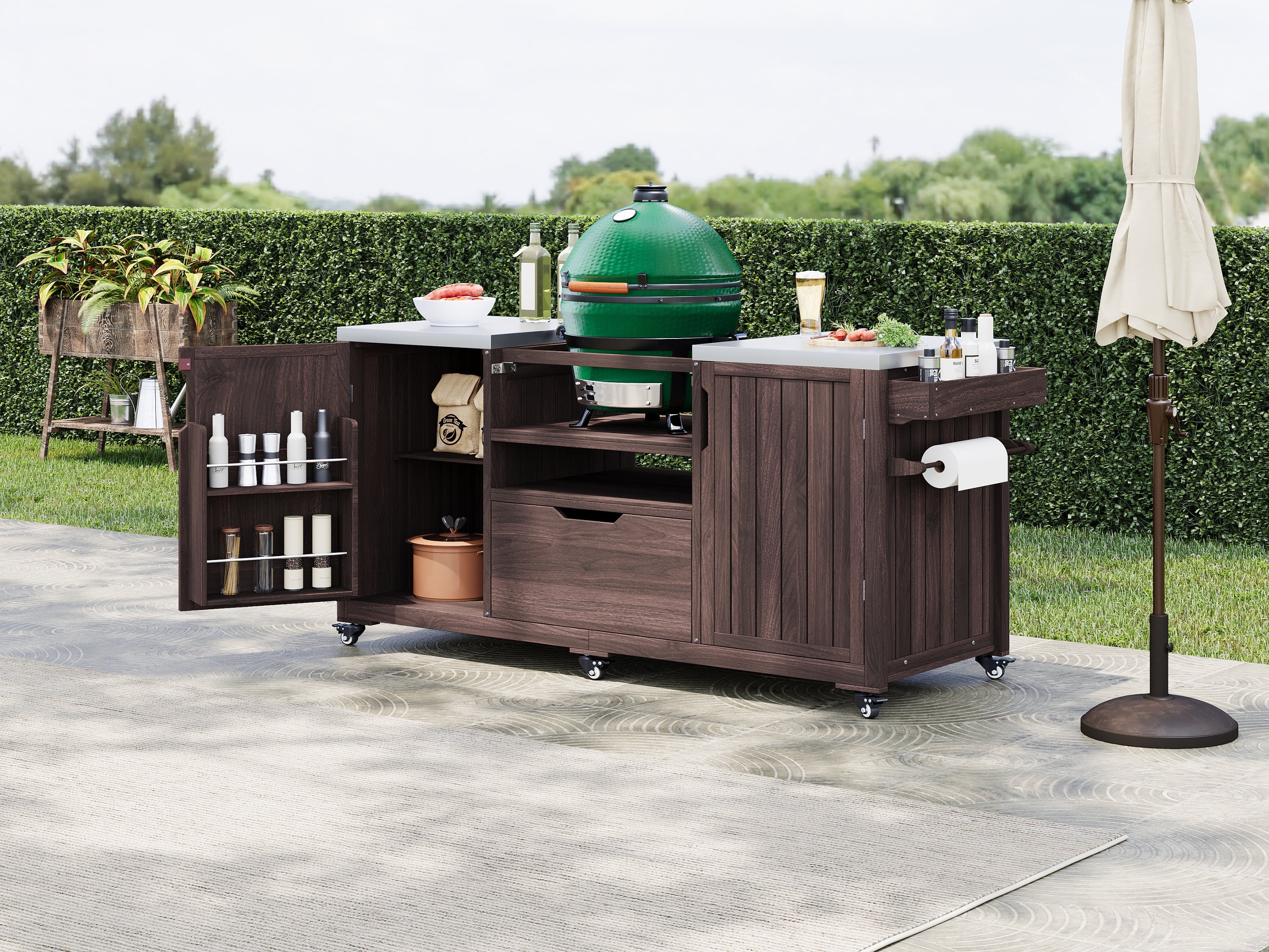 Outdoor Kitchen Island Grill Cart Fir Wood Stainless Steel 66.5