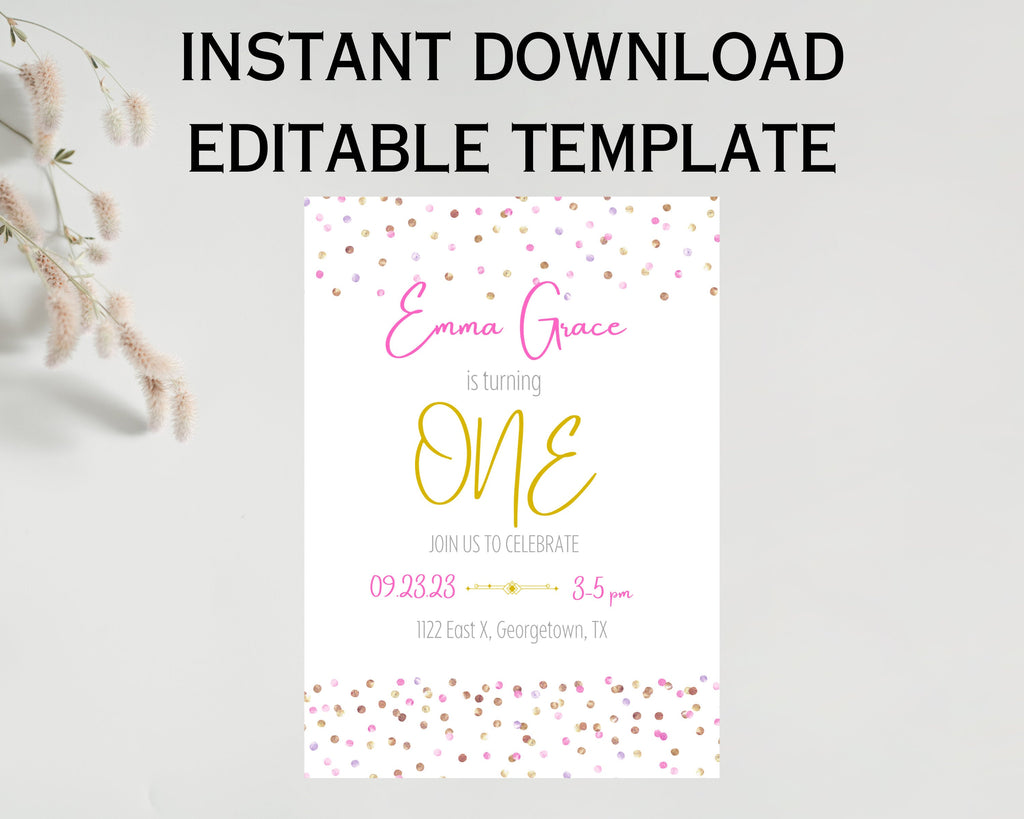 Pink & Gold Birthday Invitation editable digital download