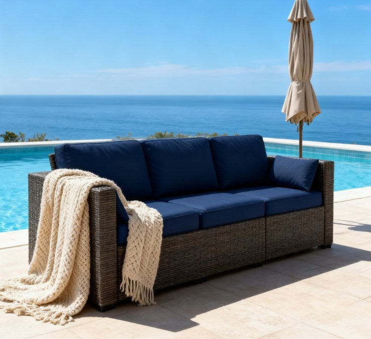 Outdoor Sofa Set PE Rattan Navy Blue 3 Seat Steel Frame 792 lb Capacity