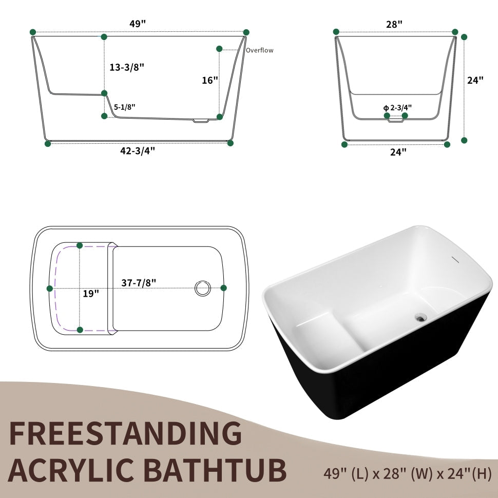 Freestanding Acrylic Soaking Bathtub 49x27.95x24" Square Japanese