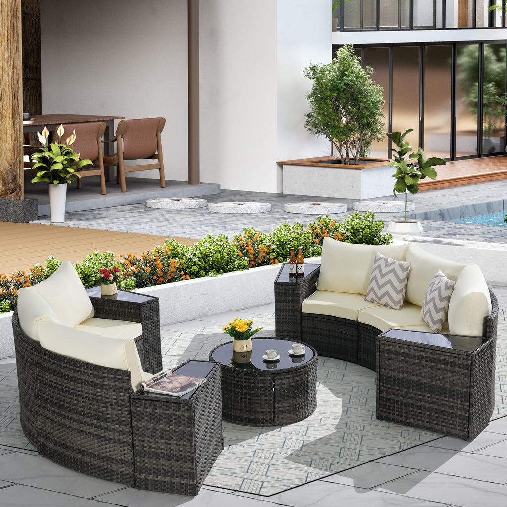 Outdoor Sectional Set PE Rattan Beige Half Moon 11pc