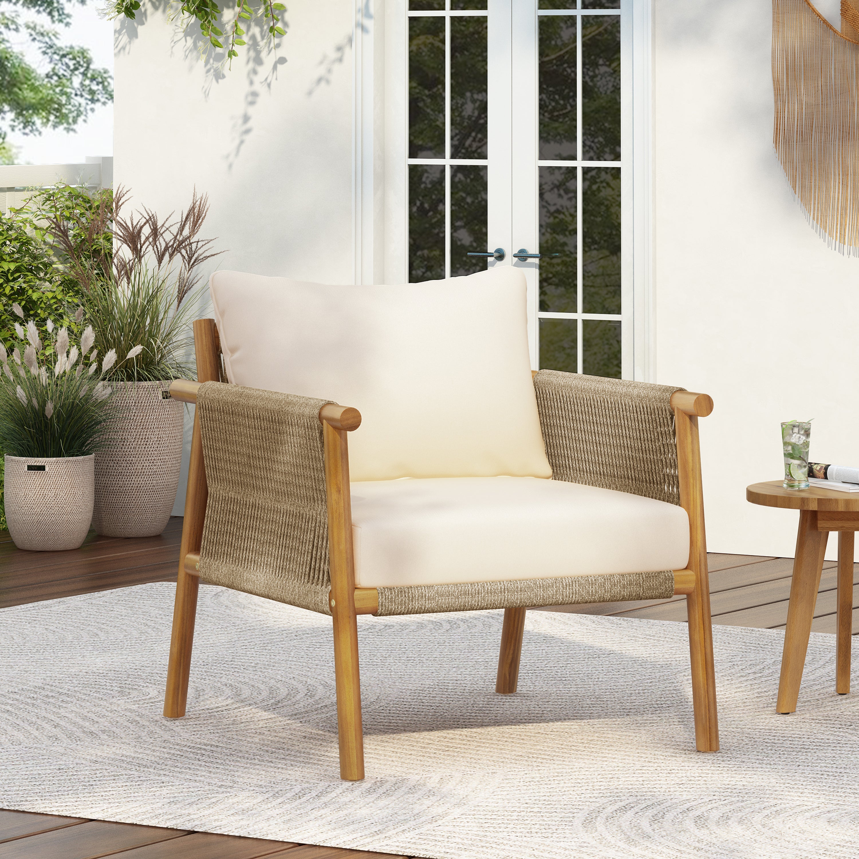 Outdoor Lounge Chair Solid Wood Natural Beige Cushion 28in Wide