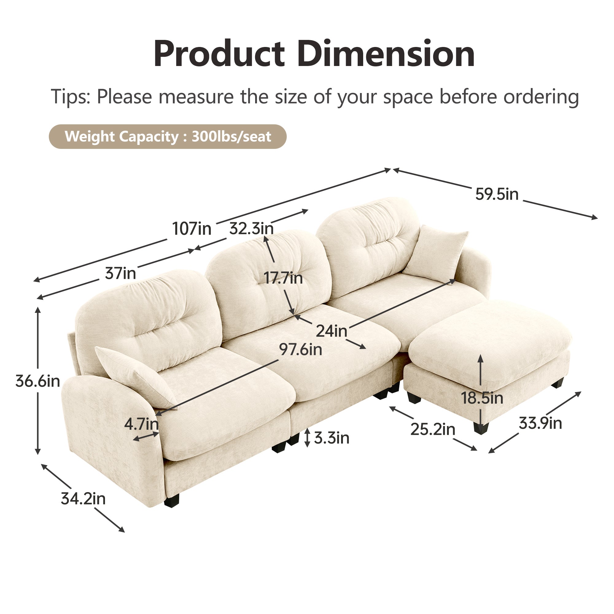 Sectional Sofa L-Shape Modular Chenille Beige 3-Seat with Ottoman