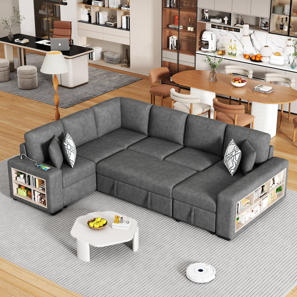 Sectional Sofa U-Shape Chenille Gray 5 Seat USB Ports Pull-Out 109 In