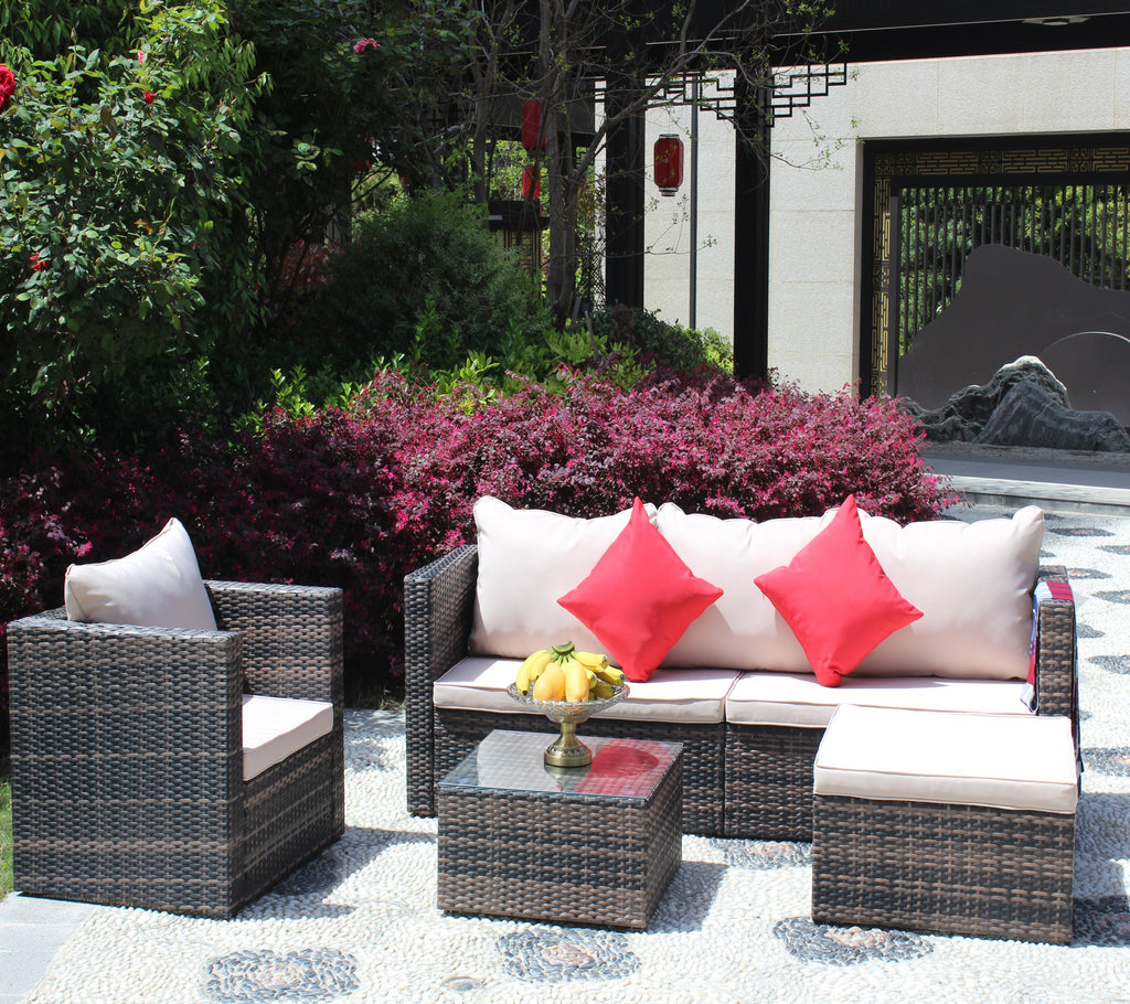Outdoor Conversation Set PE Rattan Steel Brown Beige Cushion 3 Piece