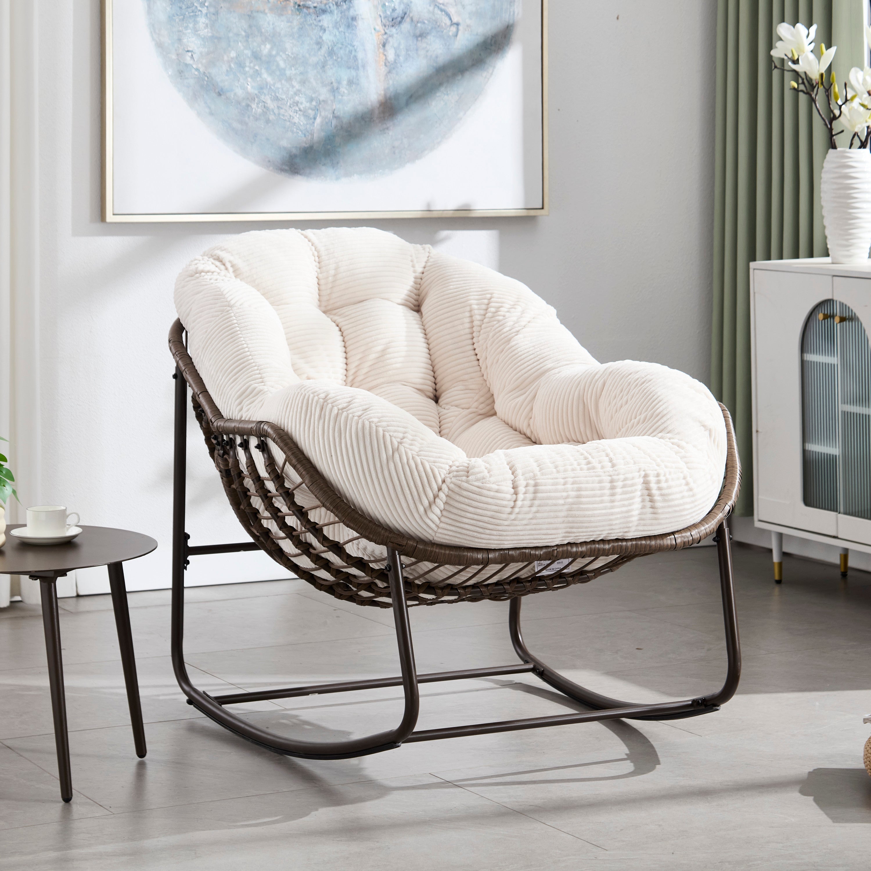 Outdoor Rocking Chair Rattan Steel White Cushion Oversized 250 LB