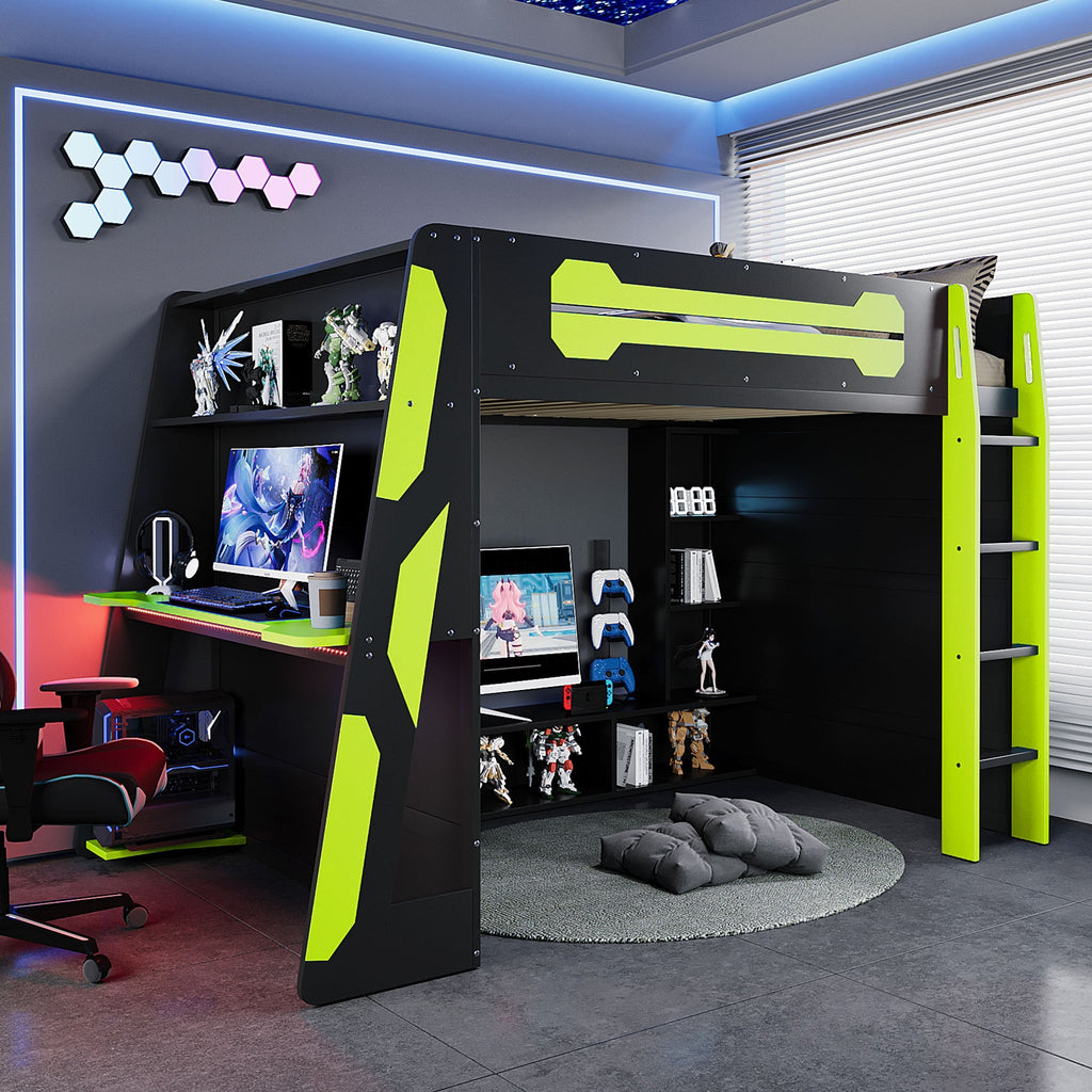 Full Size Wood Loft Bed with Desk, Multi-storage Shelves and RGB Light, Green