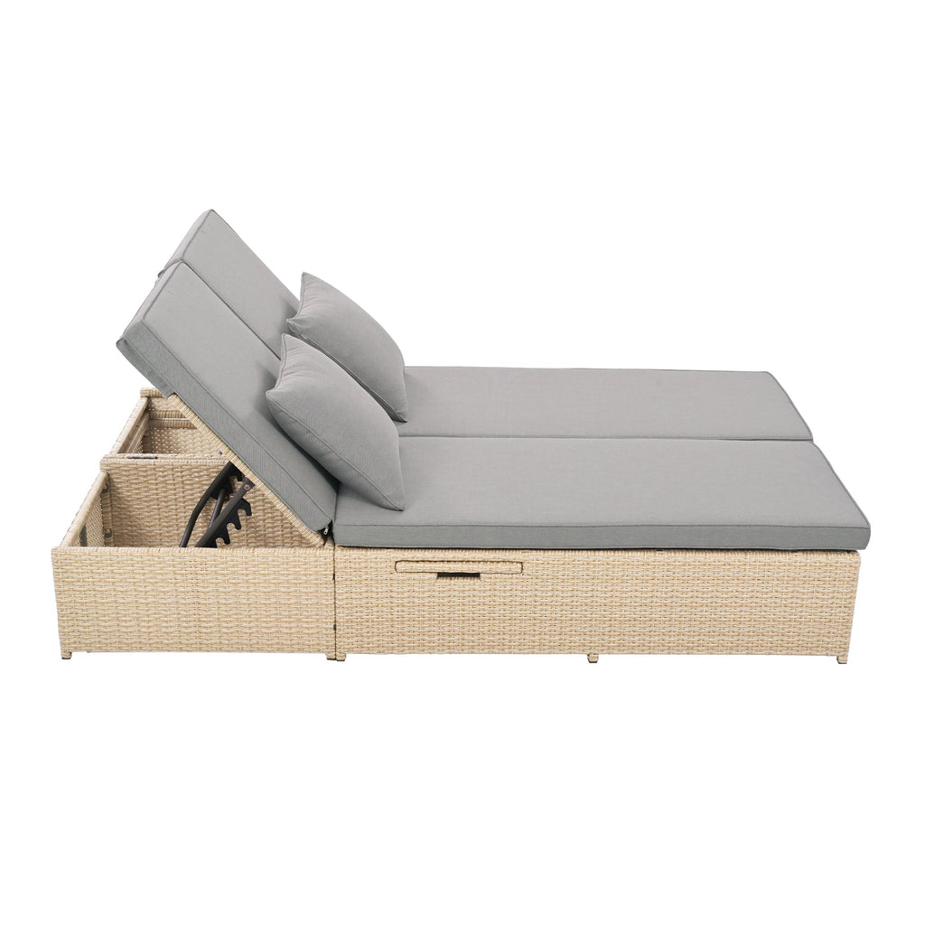 Outdoor Double Sunbed, Wicker Rattan Patio Reclining Chairs with Adjustable