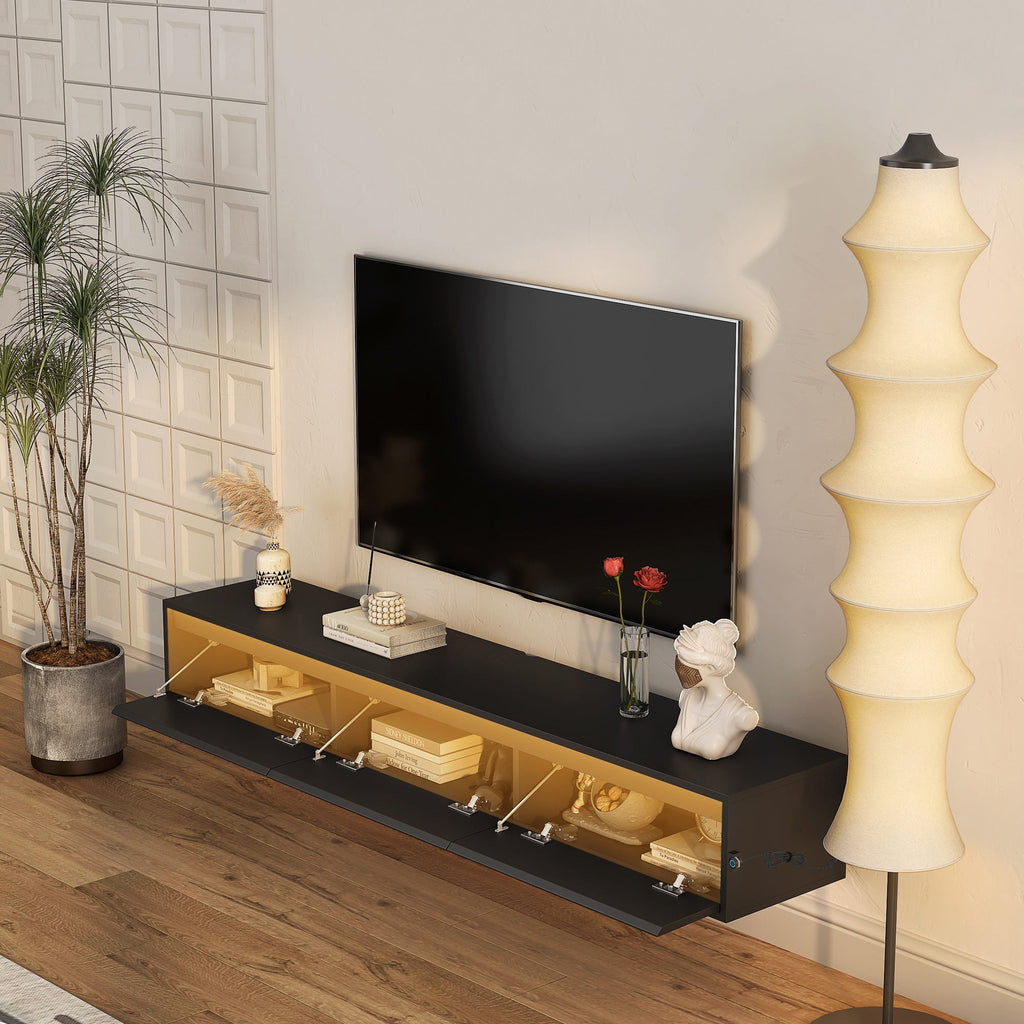 TV Stand Wall-Mounted Floating LED Black MDF 3 AC 2 USB Fits 65 In TV