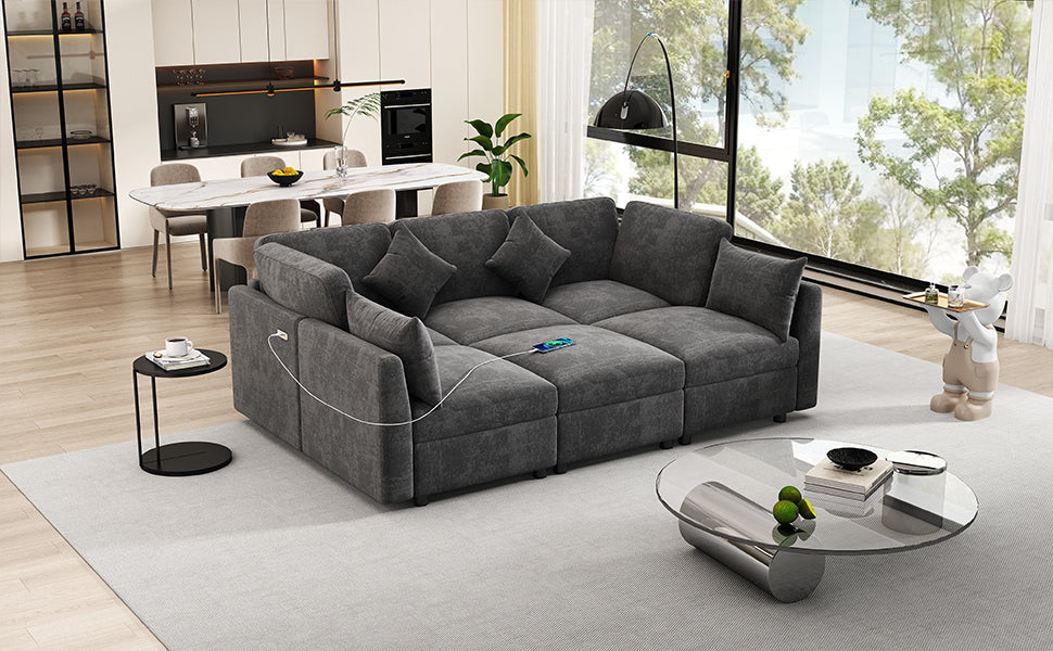 Sectional Sofa U-Shape Modular Chenille Black 5-Seat USB Ports 86.6x61.4 In