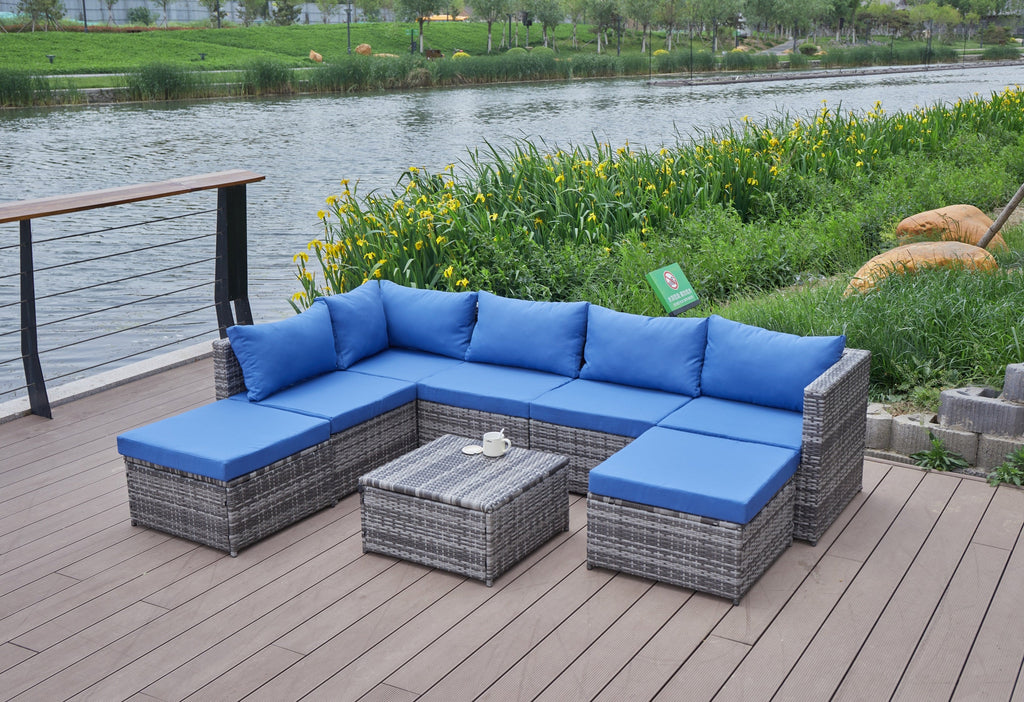 Outdoor Patio Sofa Set PE Rattan Blue Gray All Weather Steel Frame