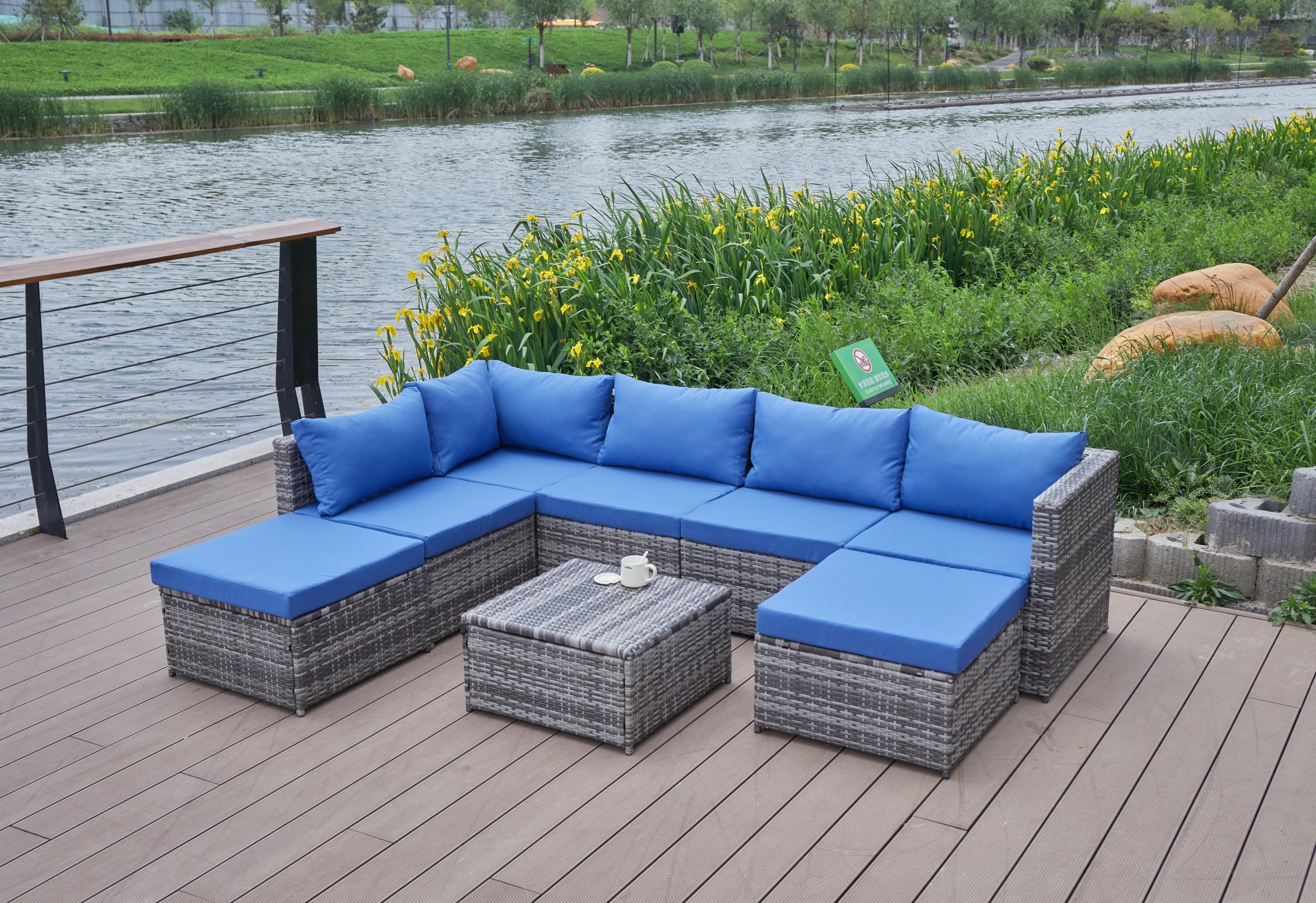 Outdoor Patio Sofa Set PE Rattan Blue Gray All Weather Steel Frame