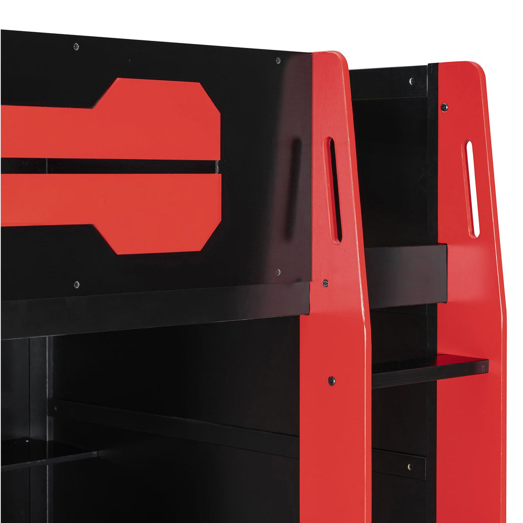 Twin Size Wood Loft Bed with Desk, Multi-storage Shelves and RGB Light, Red