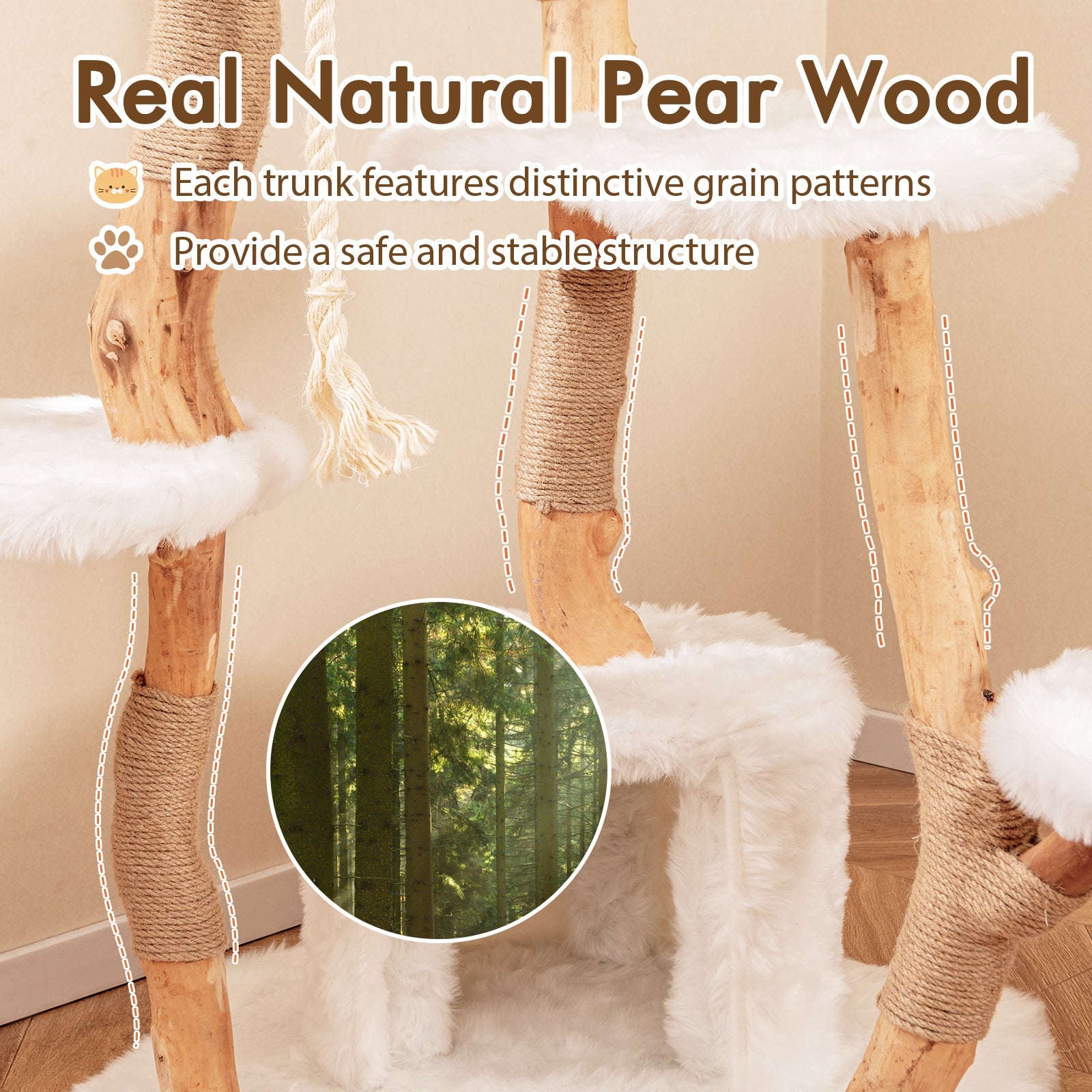 66 Inch Tall Solid Wood Cat Tree Modern Wooden Cat Tower with Perch-White