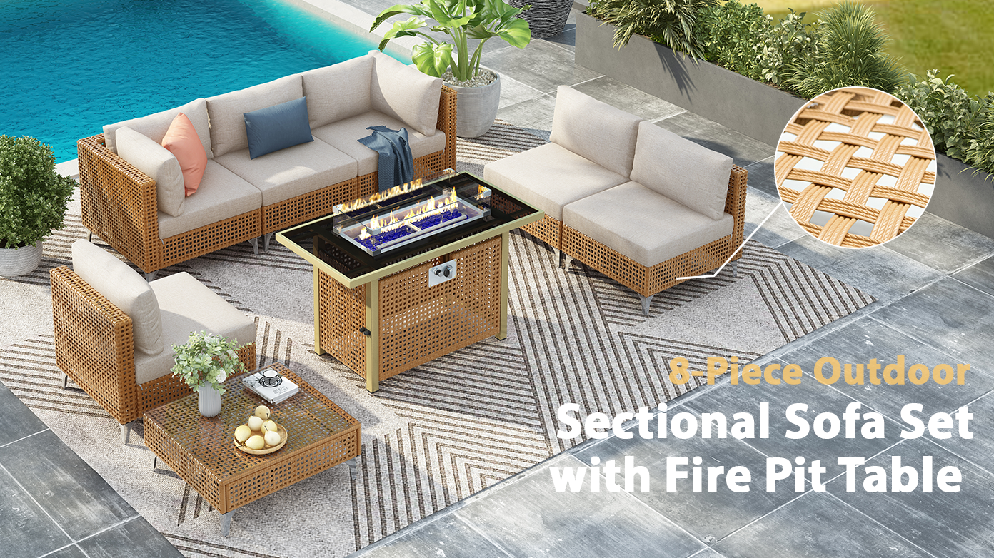 Outdoor Patio Set with Fire Pit Table Rattan Metal Beige 8 Piece