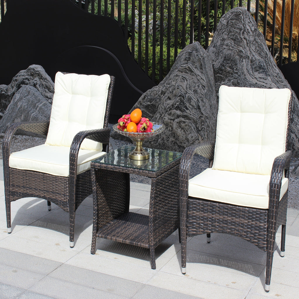 Outdoor Conversation Set PE Rattan Steel Brown Beige Cushion 3 Piece