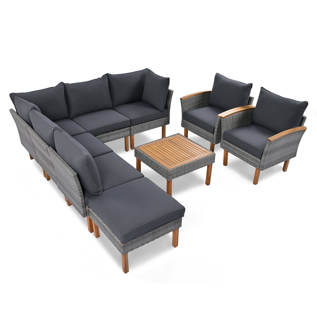Outdoor Sectional Set PE Rattan Acacia Wood Gray 9 Piece 250 LB