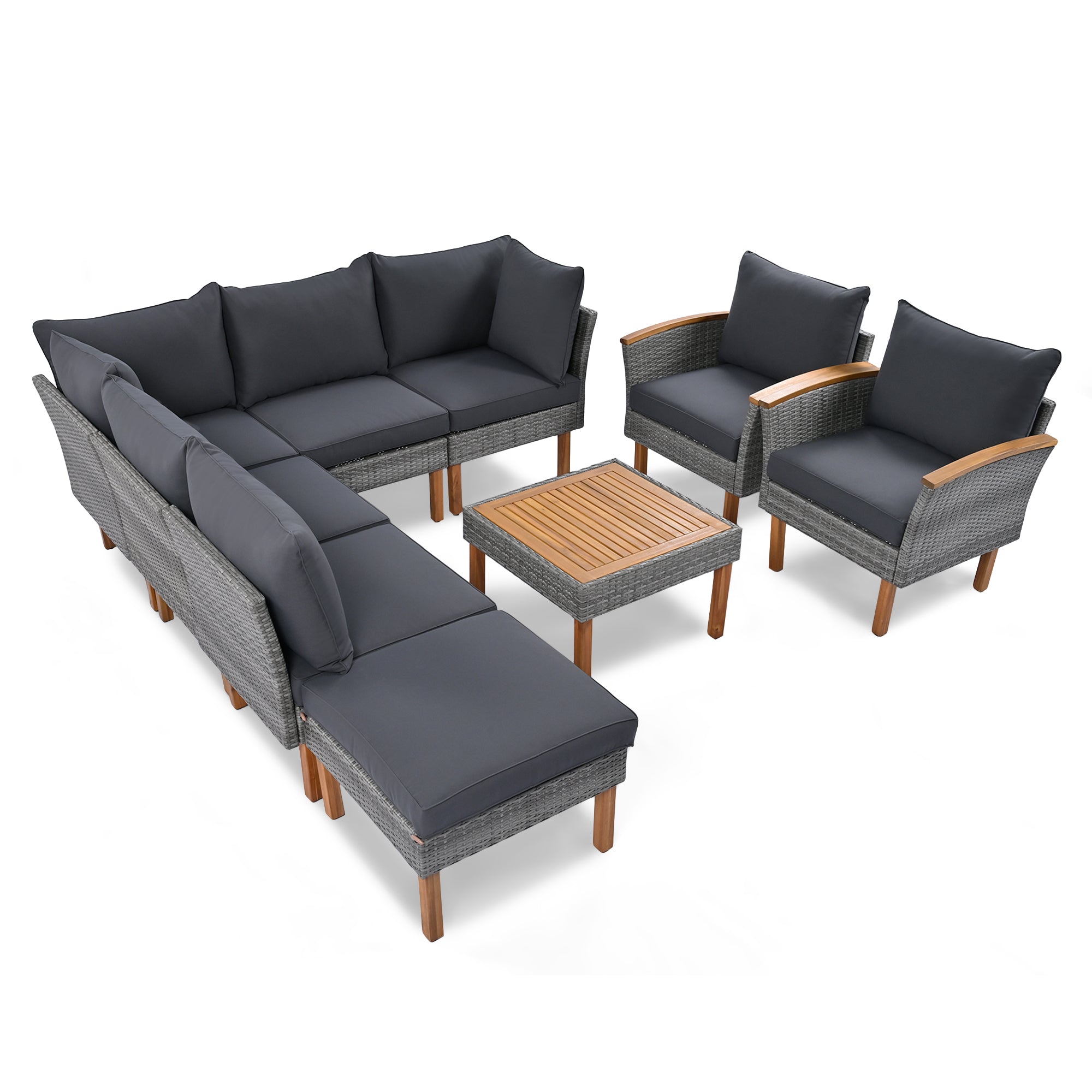Outdoor Sectional Set PE Rattan Acacia Wood Gray 9 Piece 250 LB