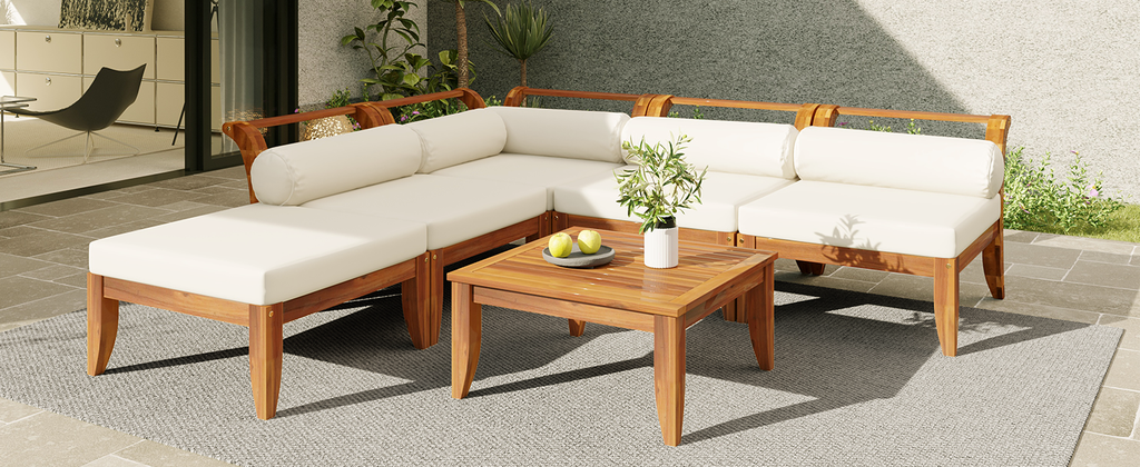Outdoor Patio Set L-Shape Acacia Wood Teak Beige Cushions 6 Piece