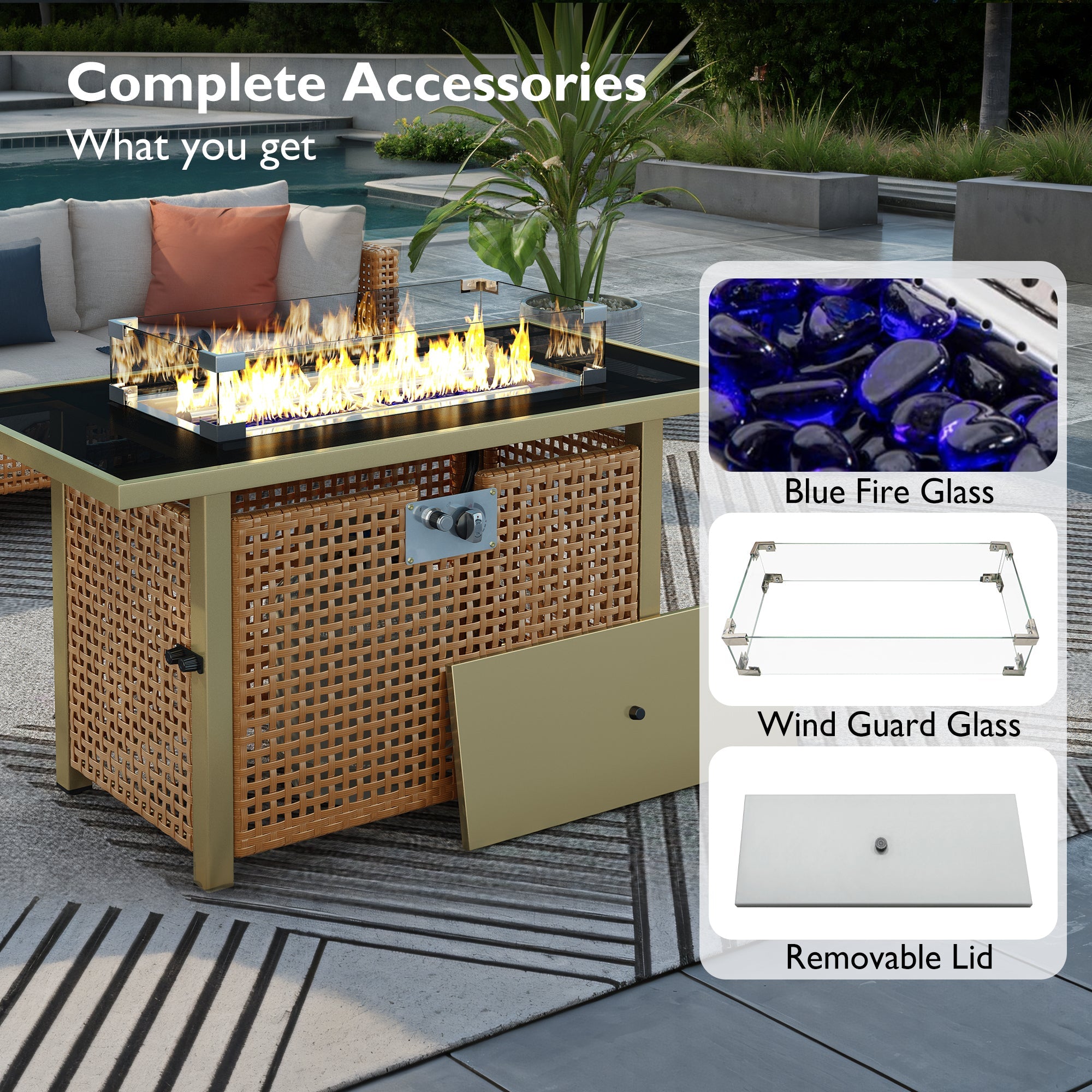 Outdoor Patio Set with Fire Pit Table Rattan Metal Beige 8 Piece