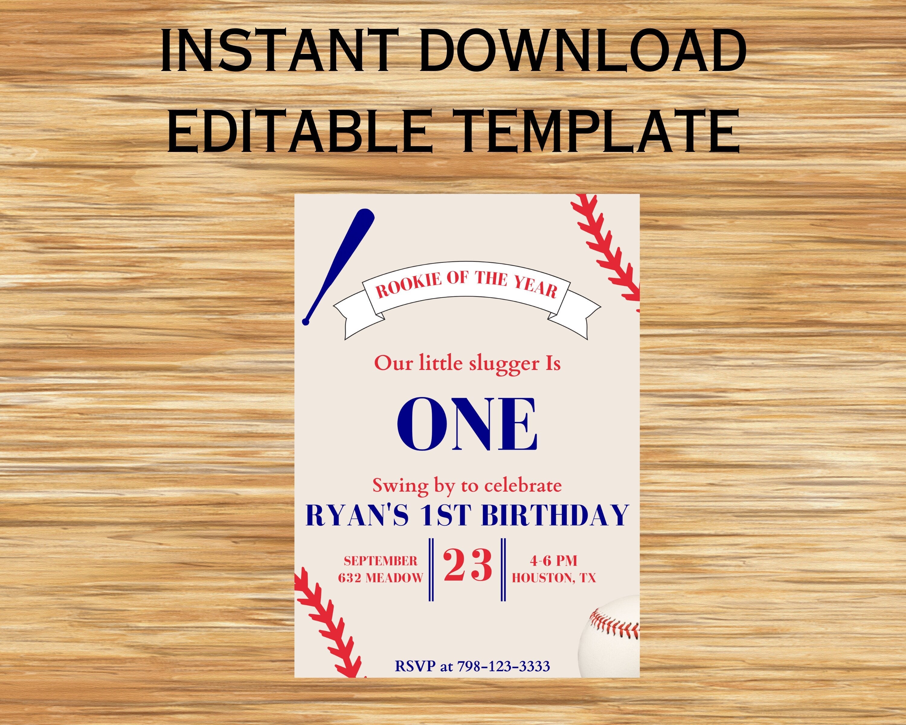 Rookie of the Year Baseball 1st Birthday Invitation (Digital File) Editable Template