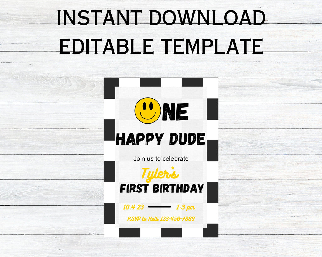 One Happy Dude First Birthday Invitation: Retro Smiley (Editable Template)