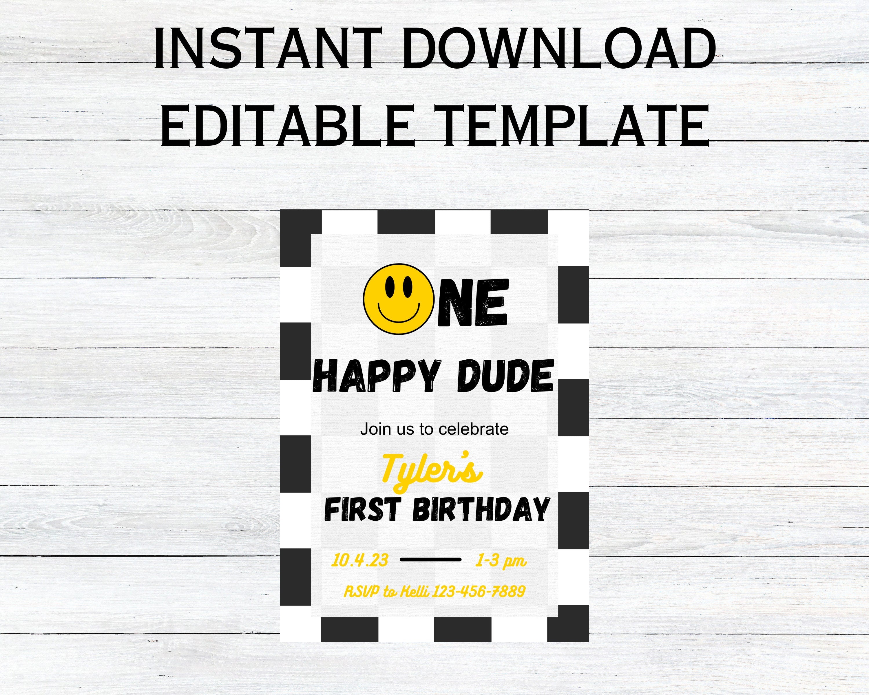 One Happy Dude First Birthday Invitation: Retro Smiley (Editable Template)