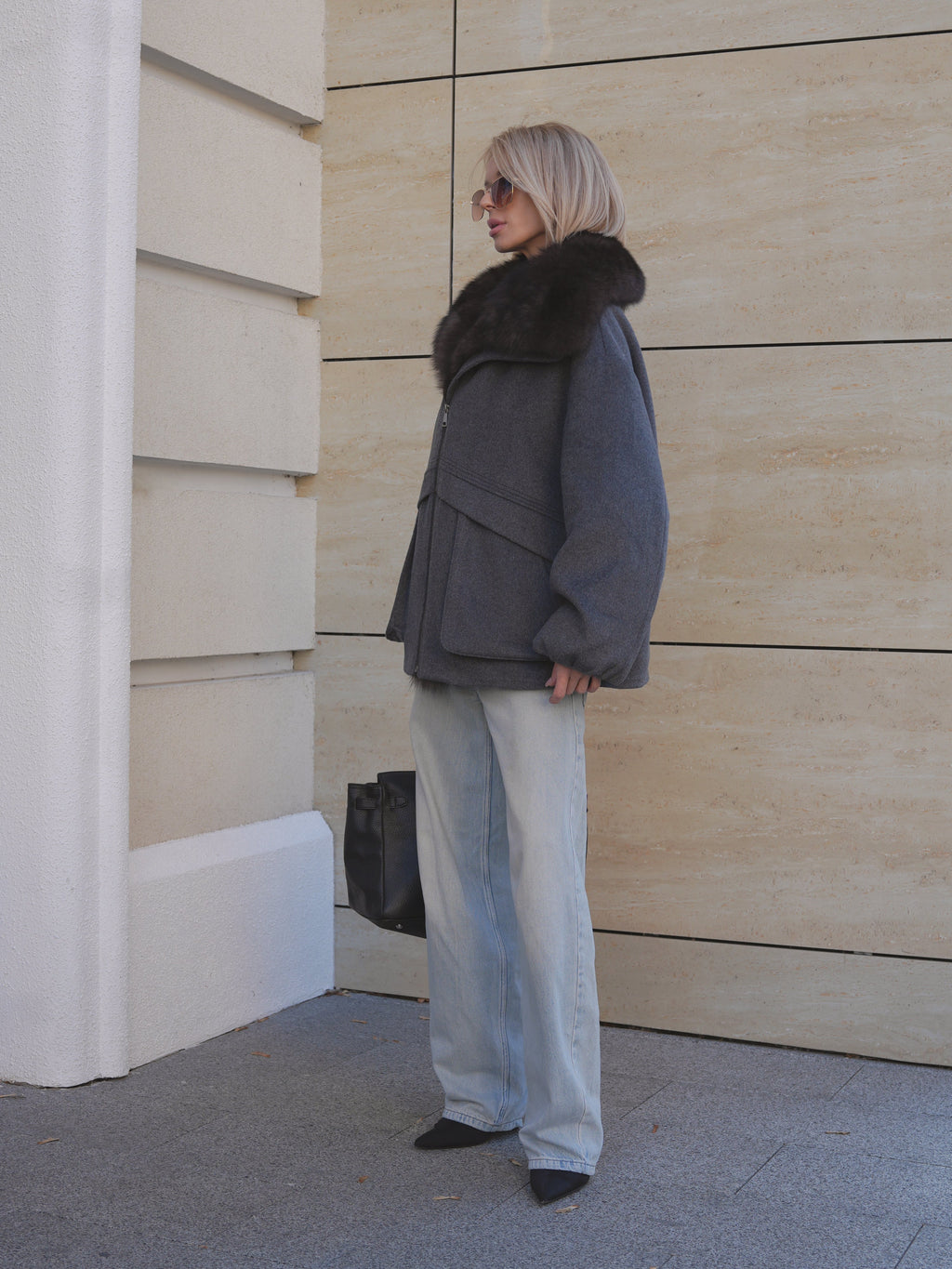 Rimini Genuine Fur Trim Wool Blend Parka in Graphite