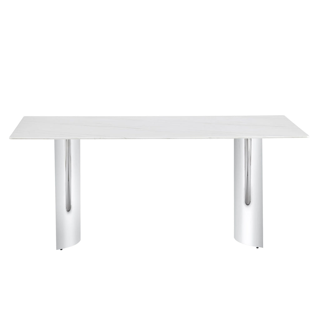 Modern Minimalist Dining Table With Imitation Marble Glass Desktop And Metal Legs