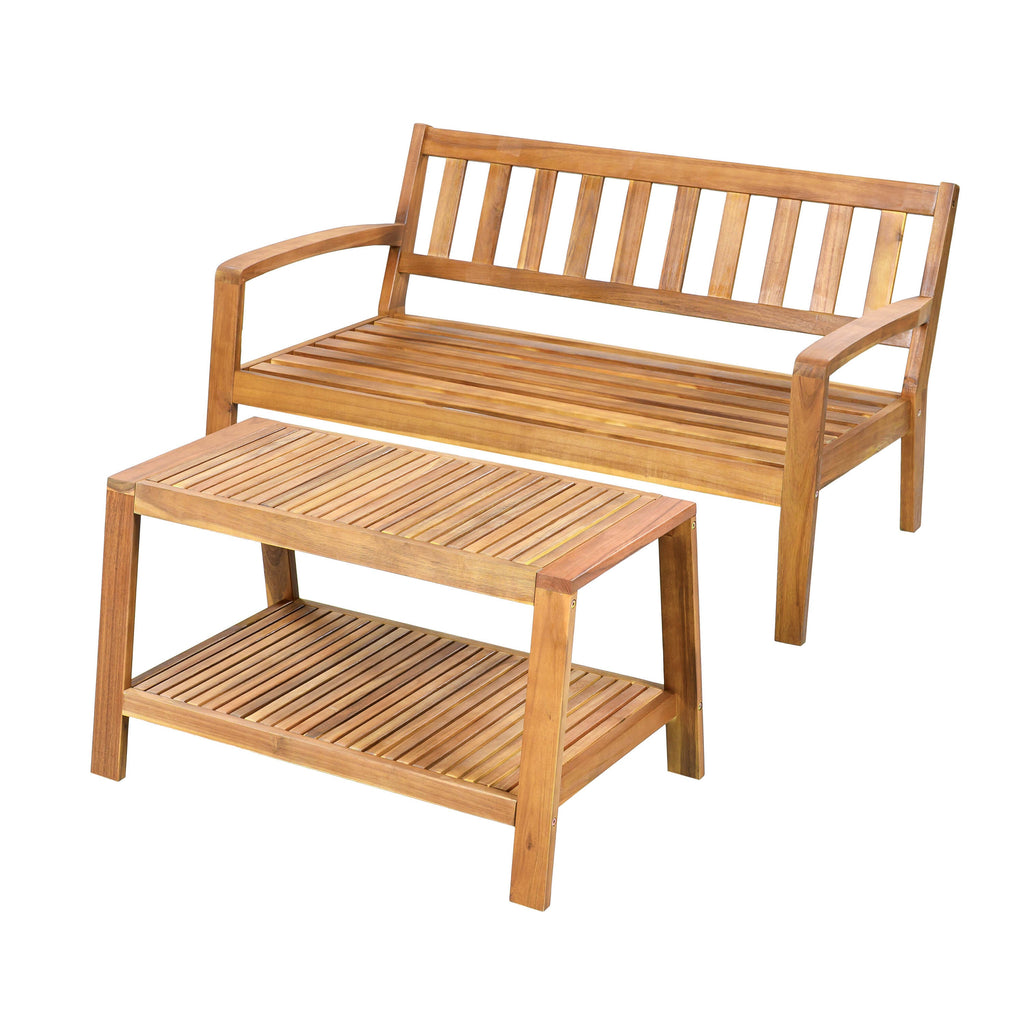 Outdoor Conversation Set Acacia Wood Teak Beige Cushion 2 Piece