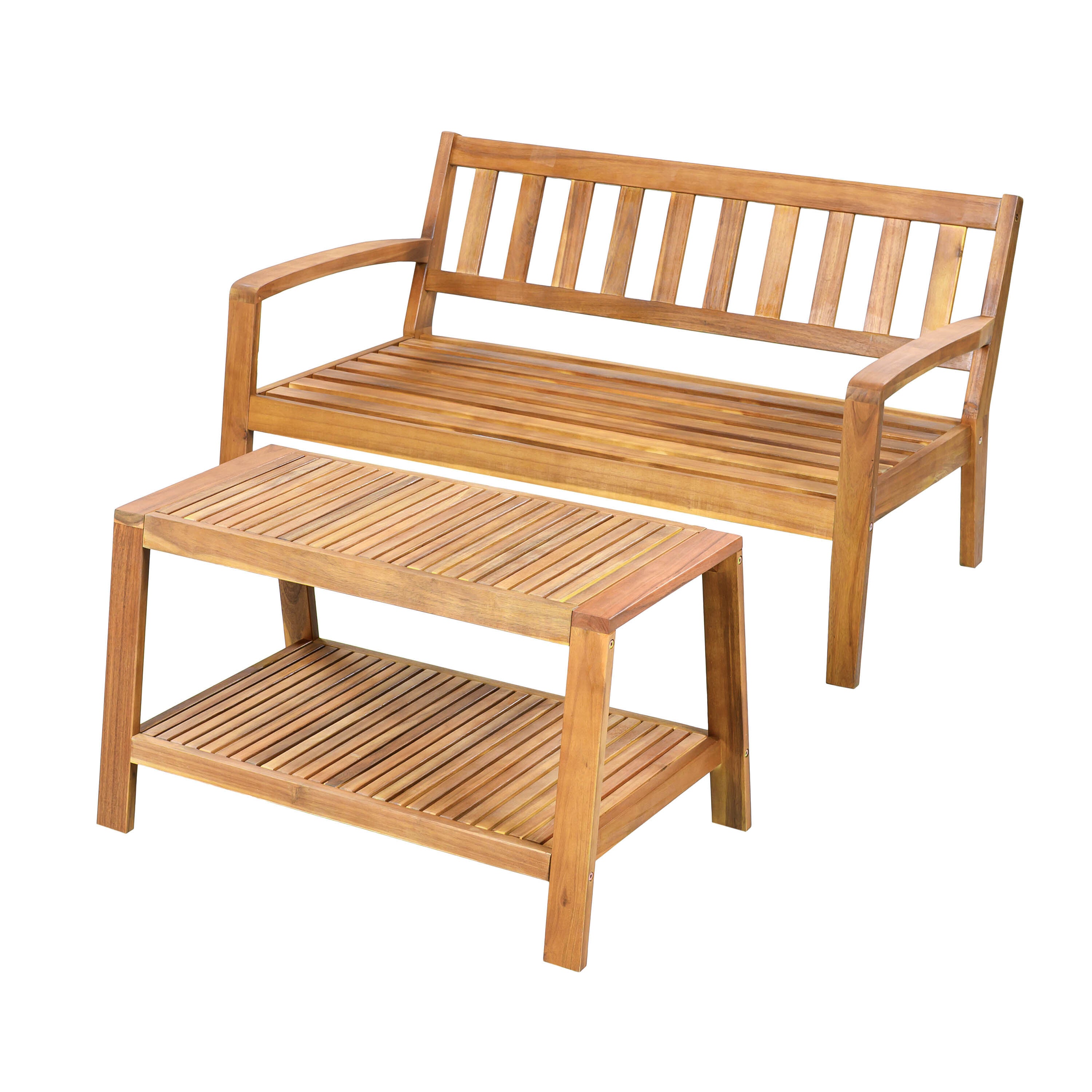Outdoor Conversation Set Acacia Wood Teak Beige Cushion 2 Piece