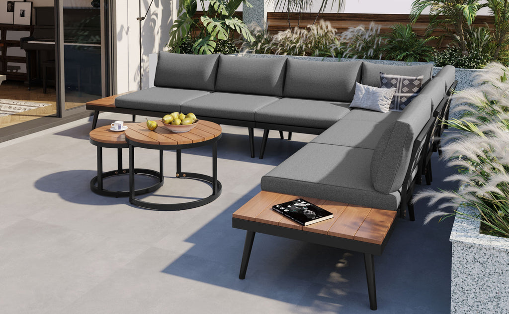 Outdoor Sectional Set Acacia Wood Steel Gray with Nesting Tables